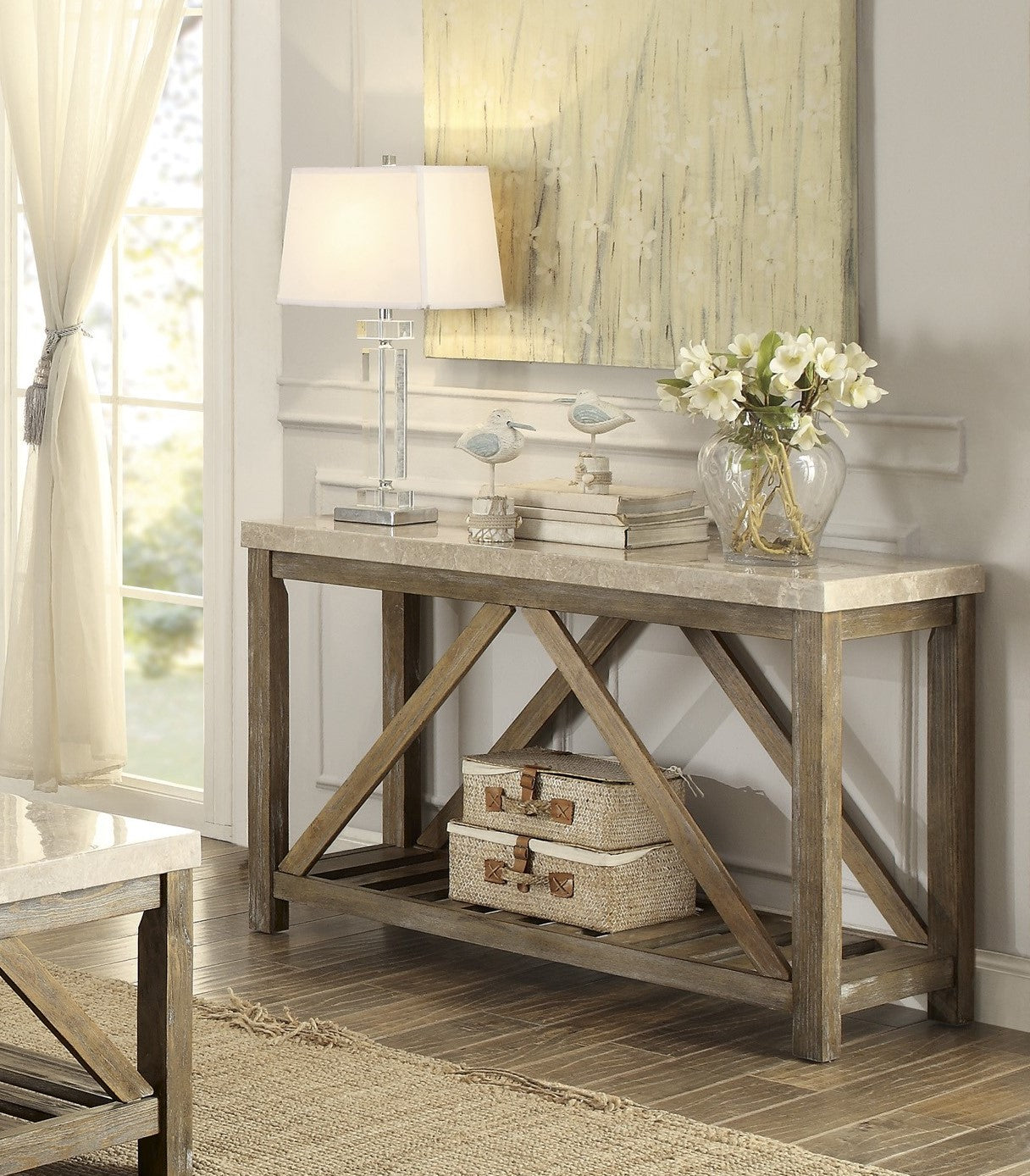 Rustic farmhouse console table with marble top and wood legs