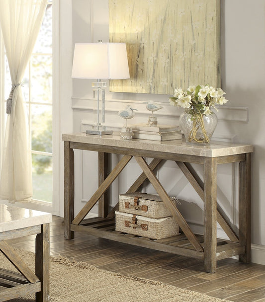Rustic farmhouse console table with marble top and wood legs