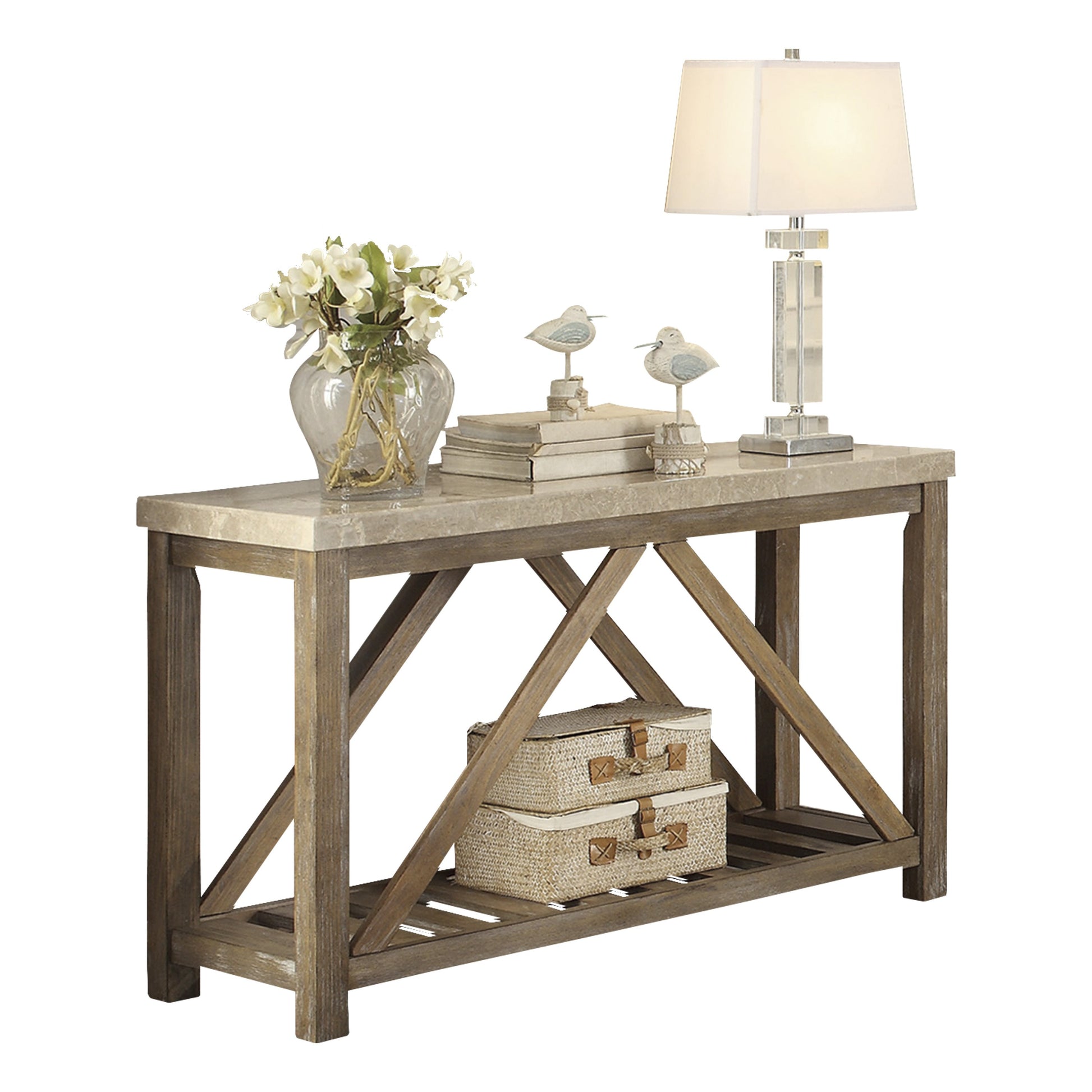 Rustic farmhouse console table with marble top and decorative storage baskets