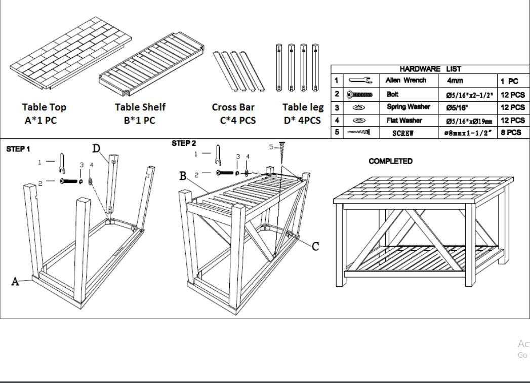 Assembly diagram of a wooden coffee table with parts labeled A B C and D