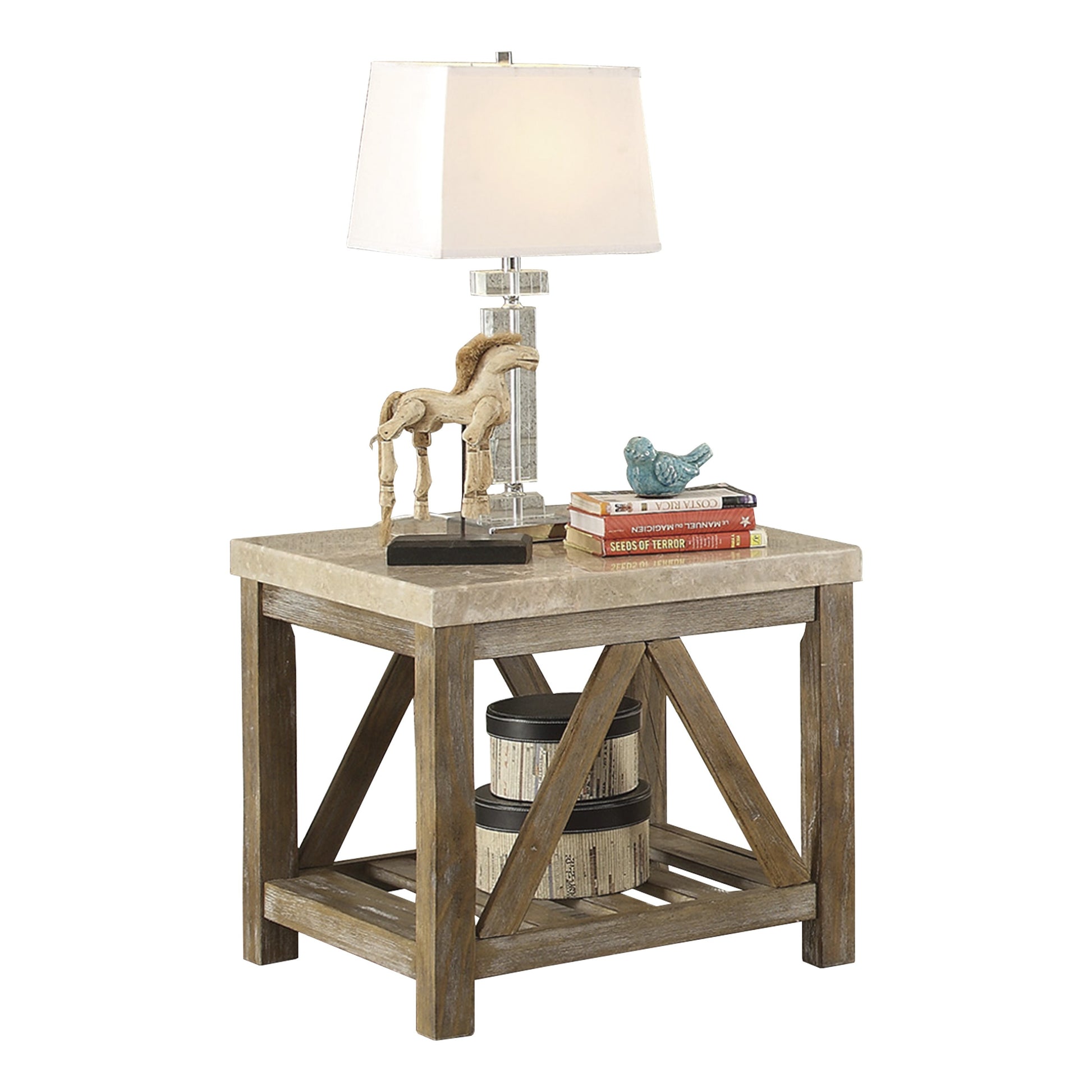 Rustic wood end table with stone top featuring a decorative horse sculpture