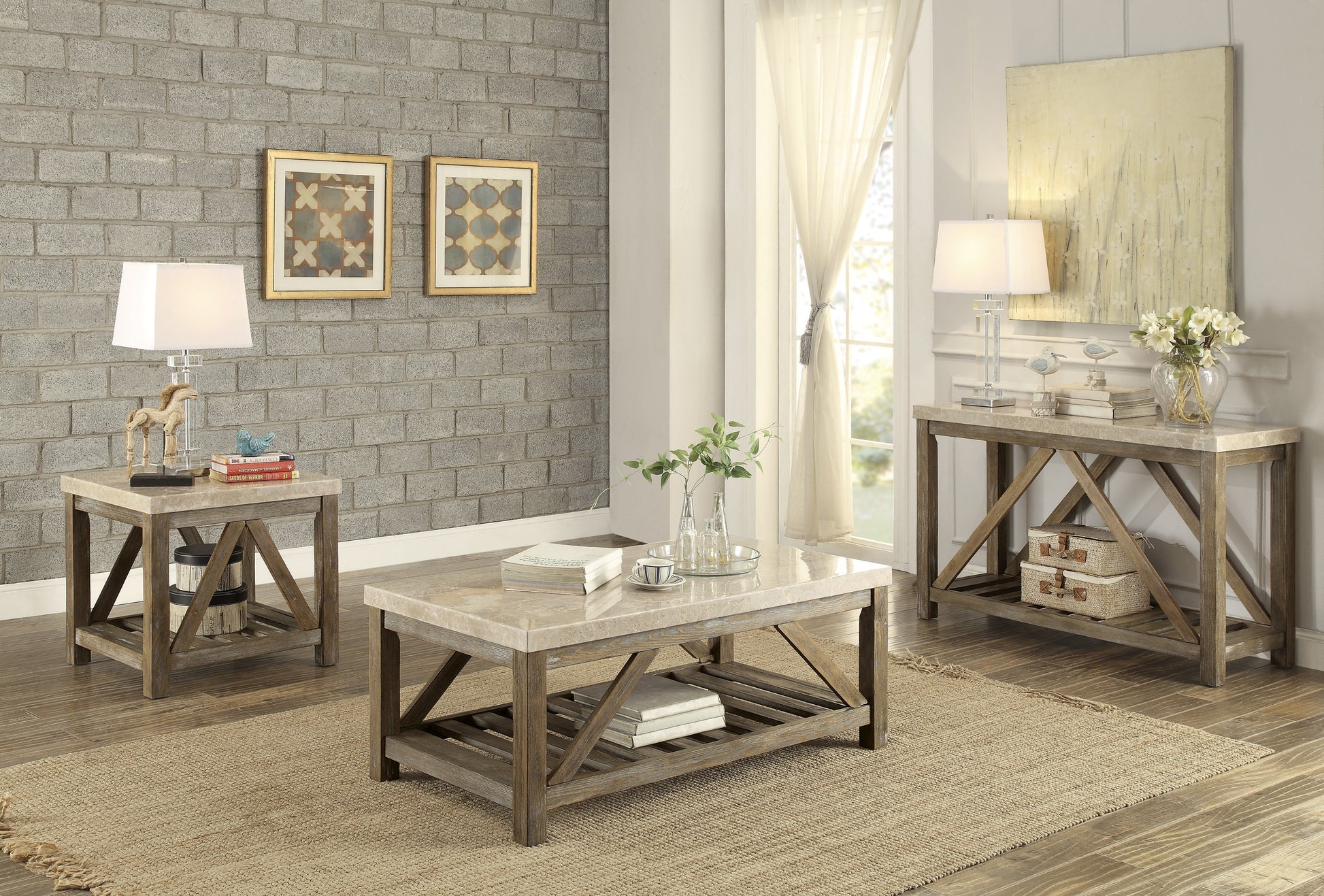 Distressed wood coffee table with a marbled top perfect for modern living rooms