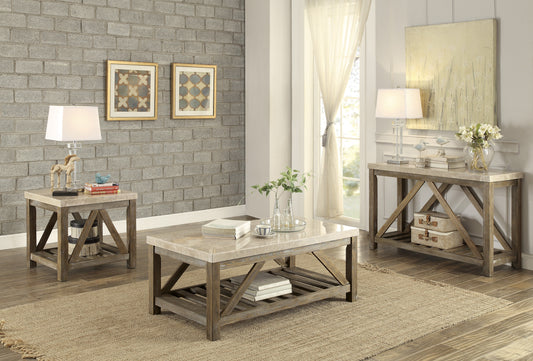 Distressed wood coffee table with a marbled top perfect for modern living rooms