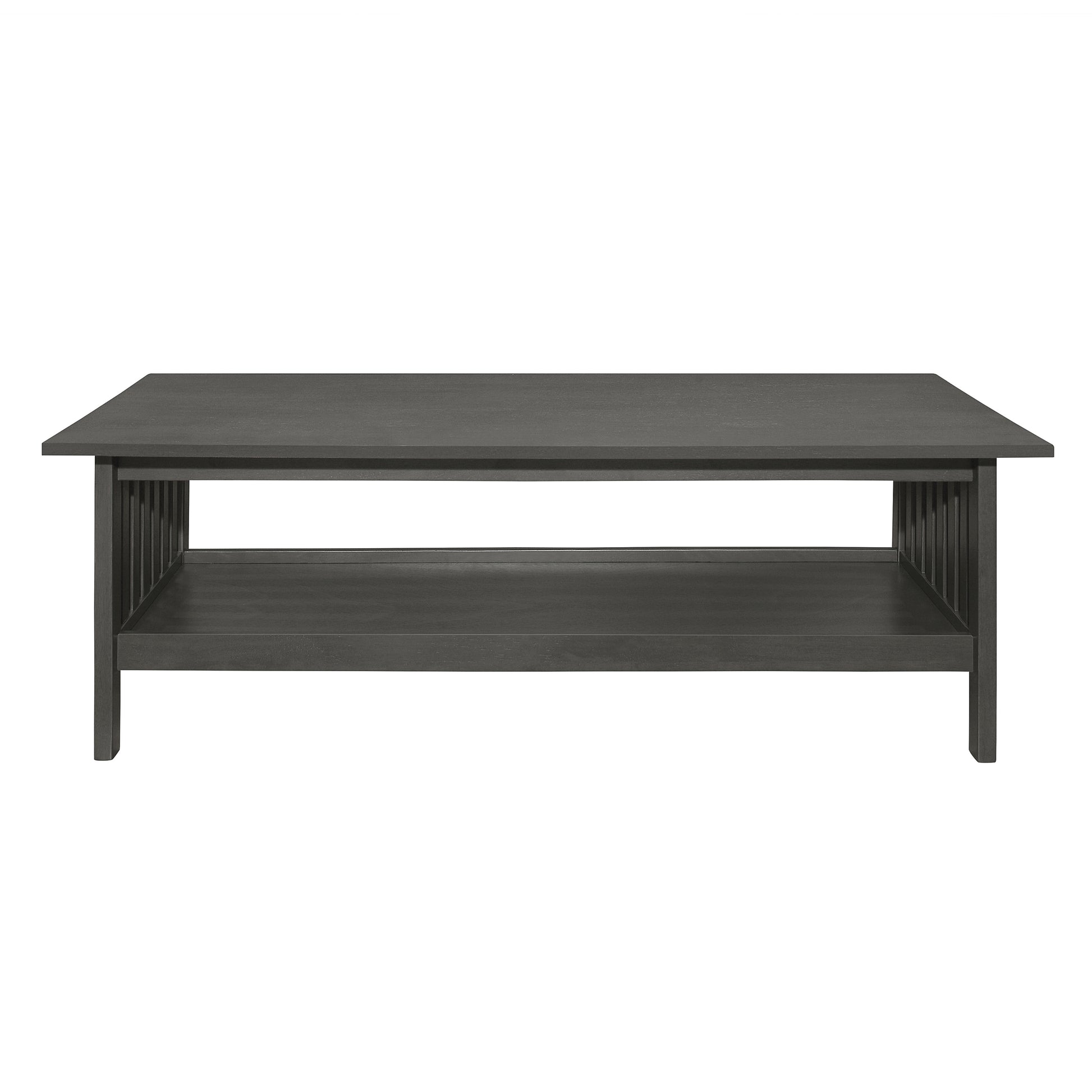 Dark grey rectangular coffee table with slatted sides and lower shelf