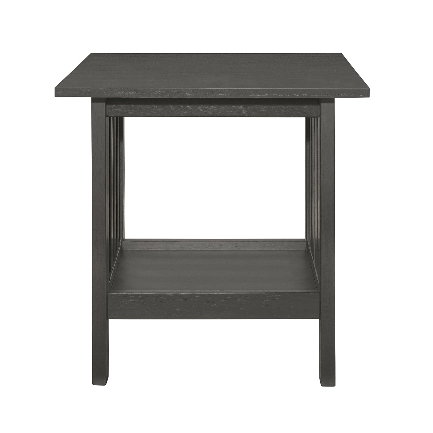 Dark gray wooden end table with lower shelf and paneled sides