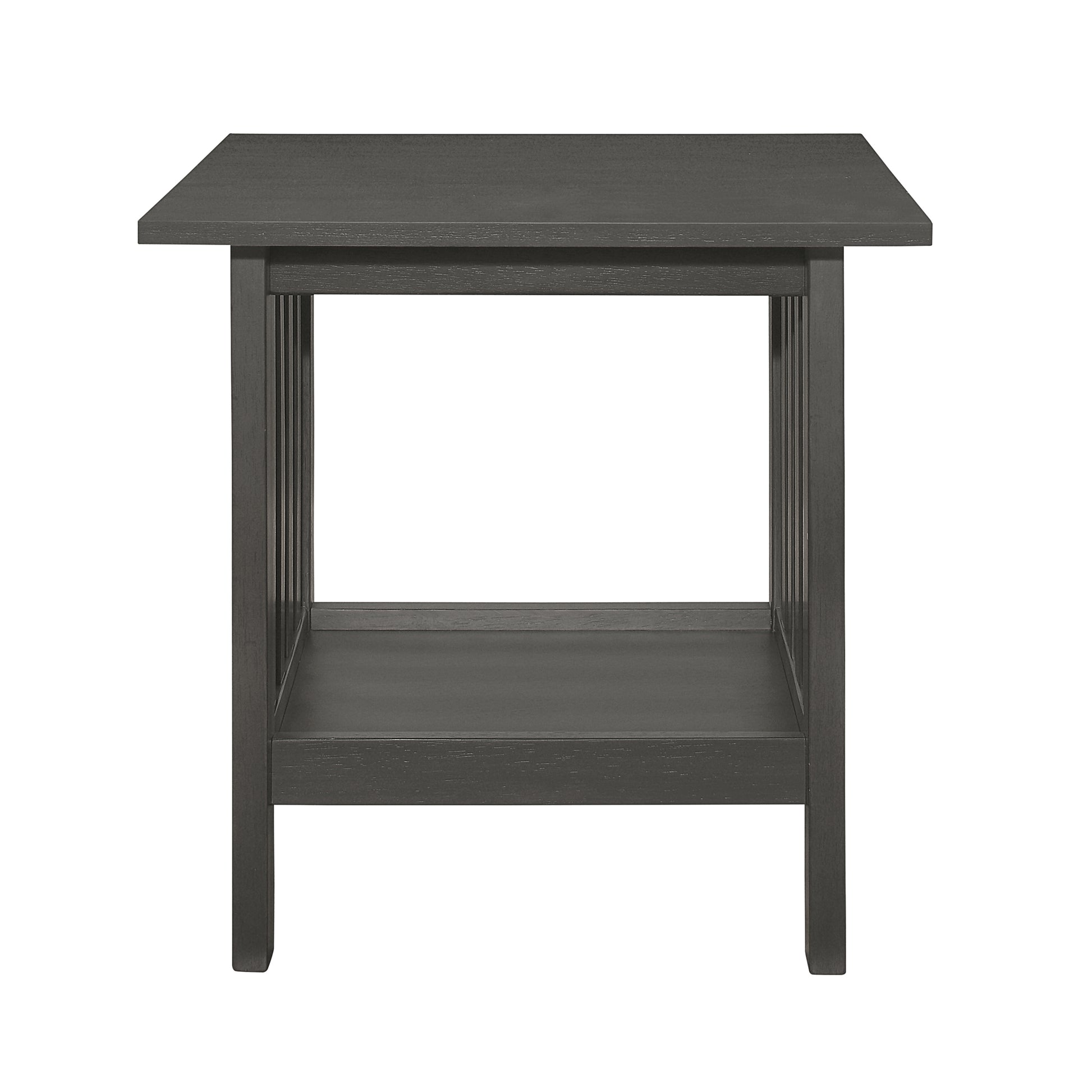 Dark gray wooden end table with lower shelf and paneled sides