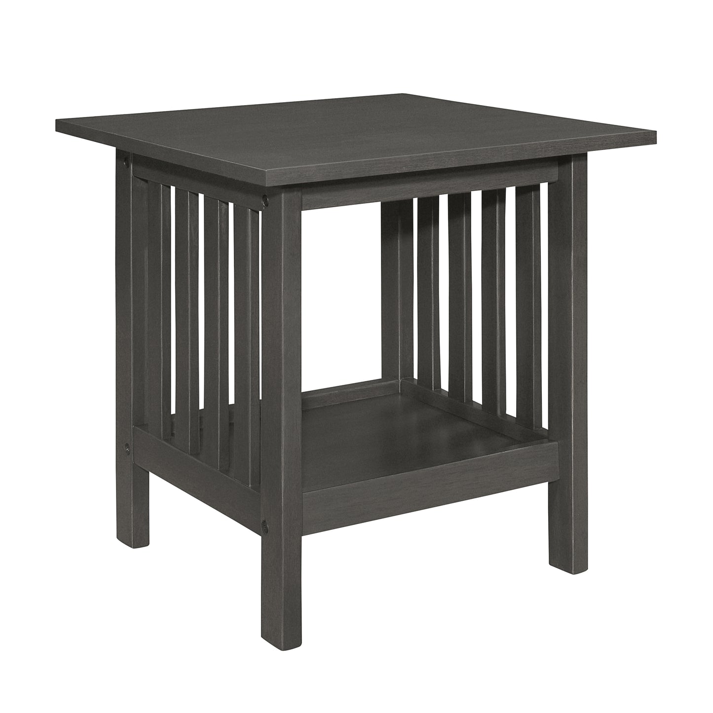 Dark gray wooden end table with slatted sides and lower shelf Mission style