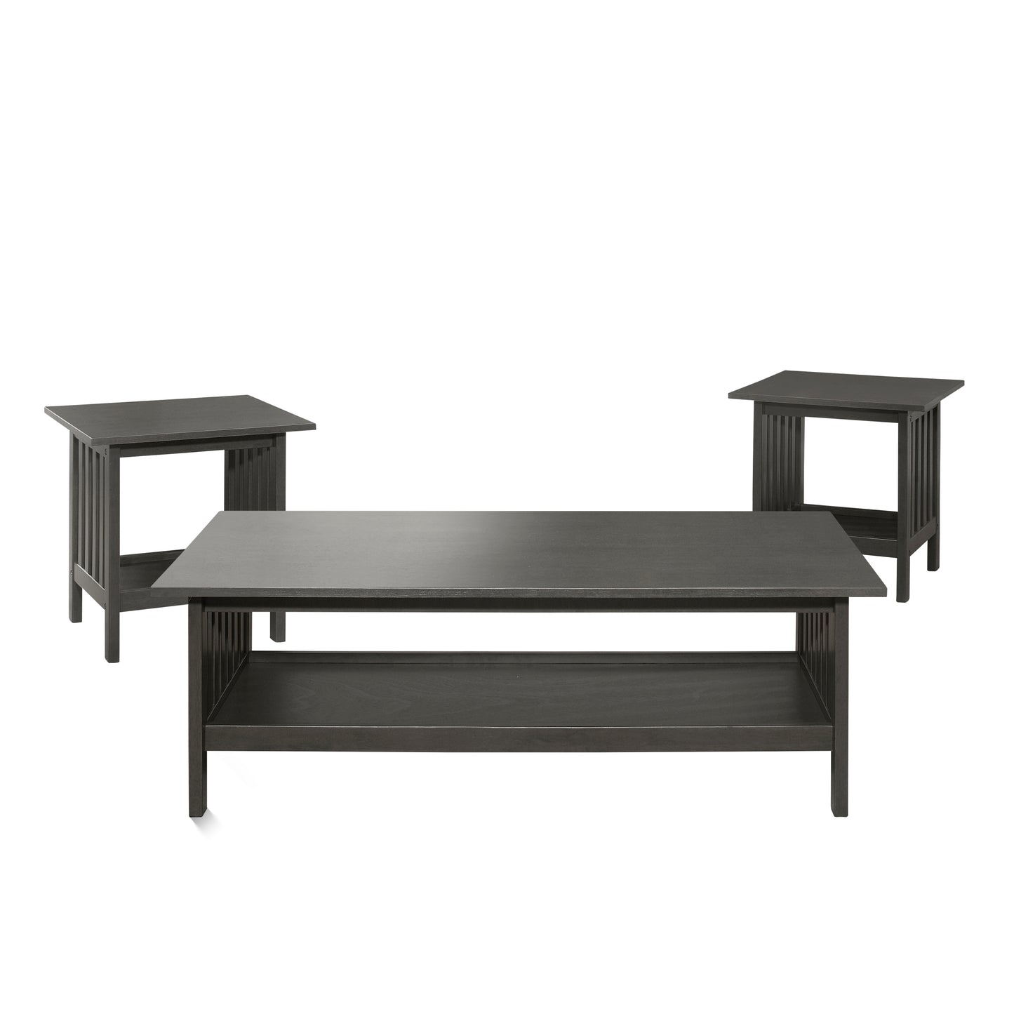 Dark grey wooden coffee table with slatted shelf and two matching end tables