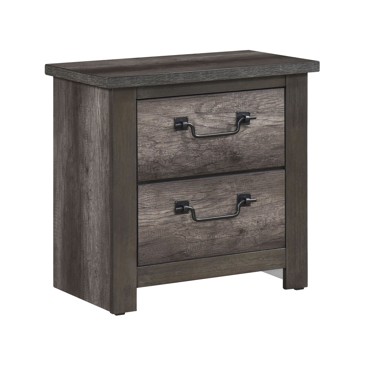 Rustic grey wood twodrawer nightstand with black metal hardware for bedroom storage