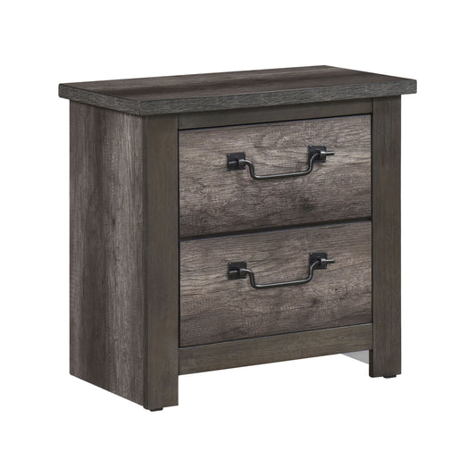 Rustic grey wood twodrawer nightstand with black metal hardware for bedroom storage