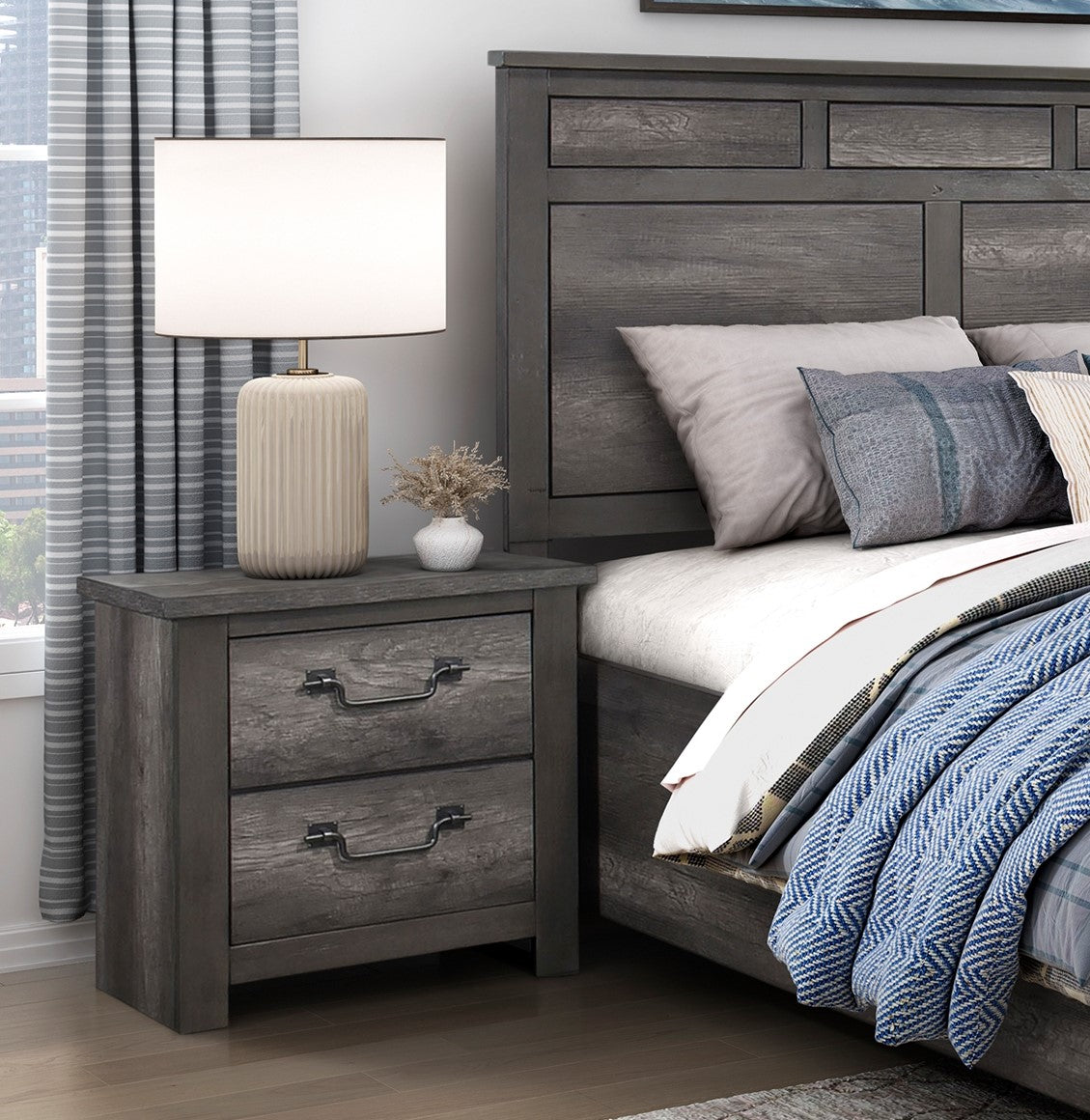Rustic grey wood twodrawer nightstand with black metal handles
