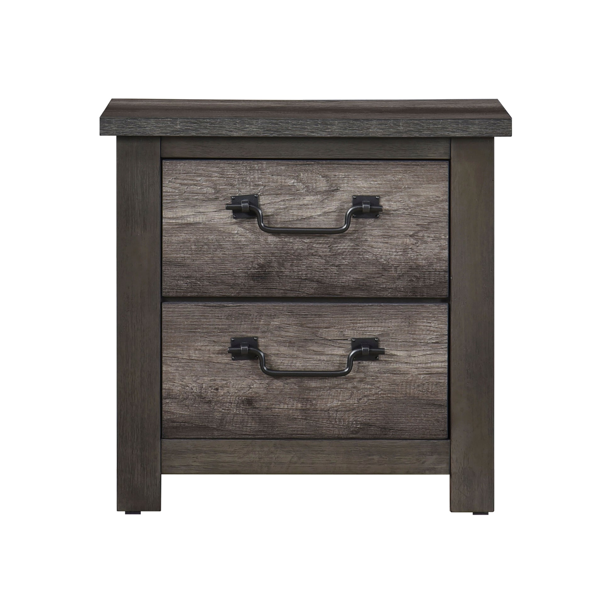 Rustic gray wood nightstand with two drawers and black metal handles for bedroom storage