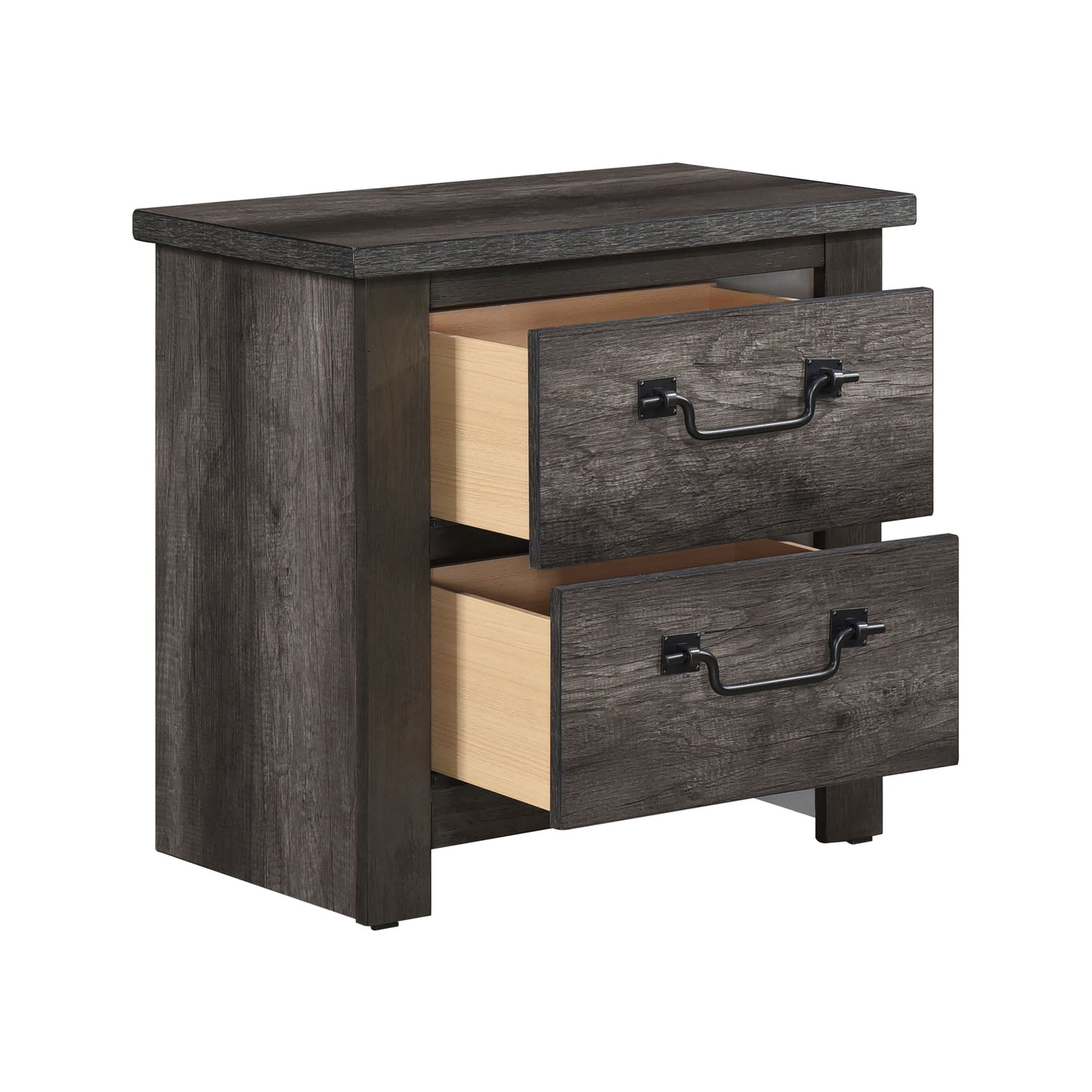 Dark wood bedside table with two open drawers and black metal handles