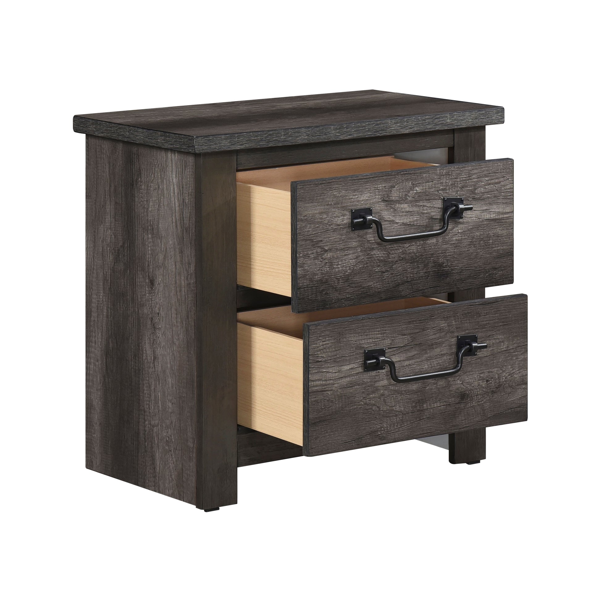 Dark wood bedside table with two open drawers and black metal handles