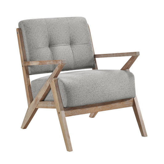 Gray upholstered armchair with tufted back and light wood frame
