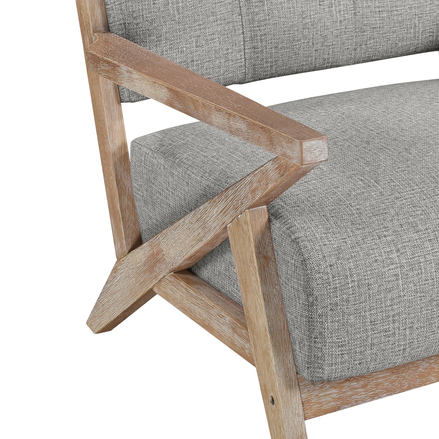 Gray fabric armchair with distressed natural wood frame modern accent chair