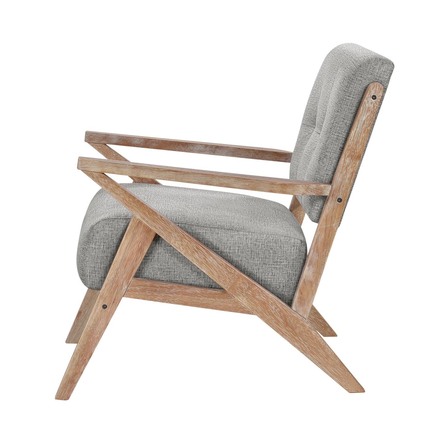 Modern grey upholstered accent chair with natural wood frame and angled legs