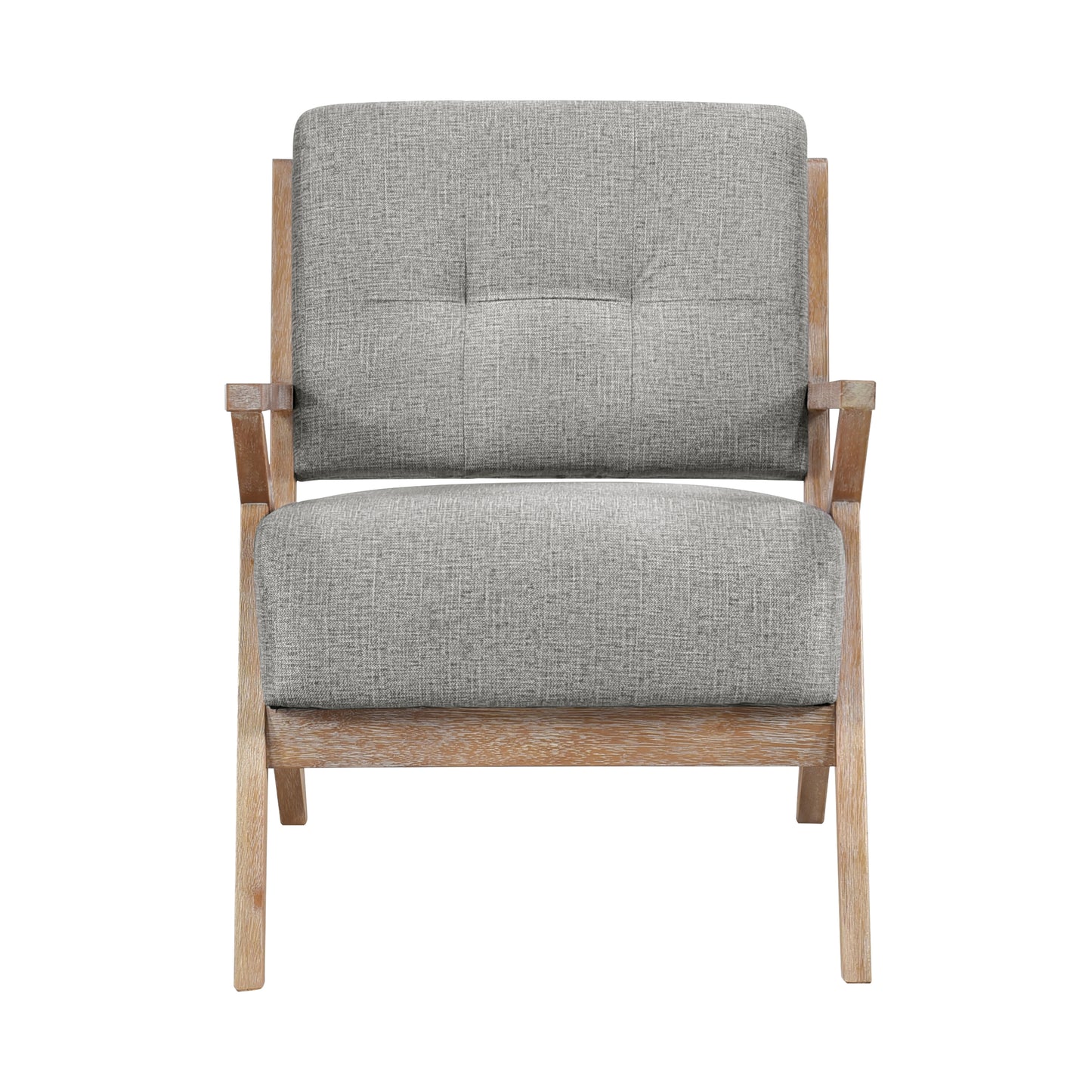 Modern upholstered armchair with natural wood frame and tufted grey fabric seat