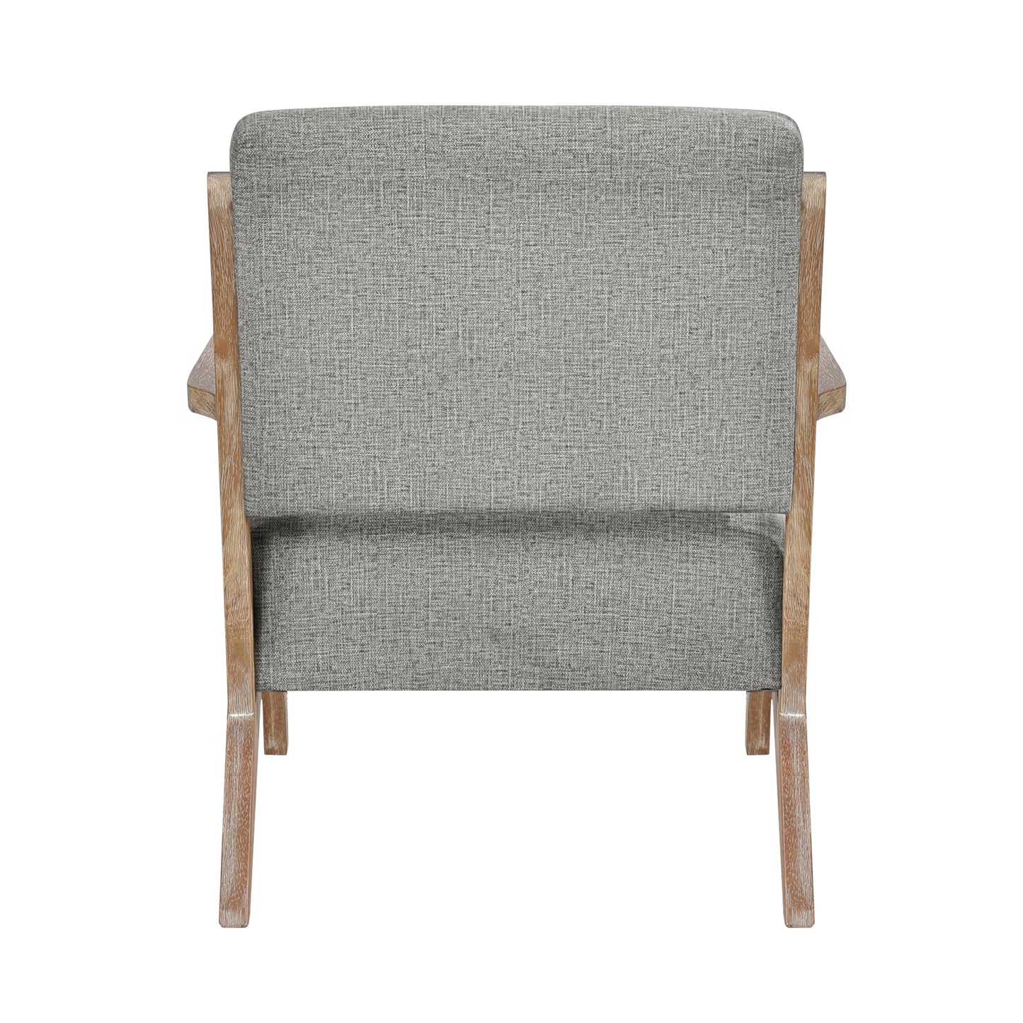 Back view of a grey fabric armchair with distressed wooden frame