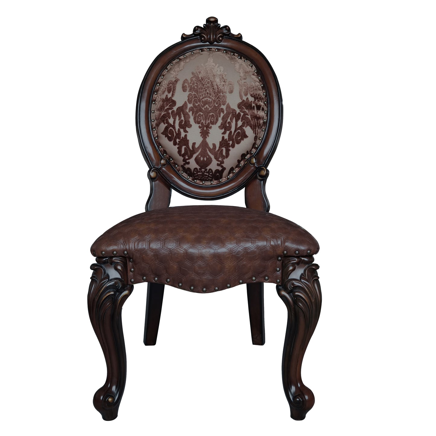Antique accent chair with tufted brown leather seat and damask backrest