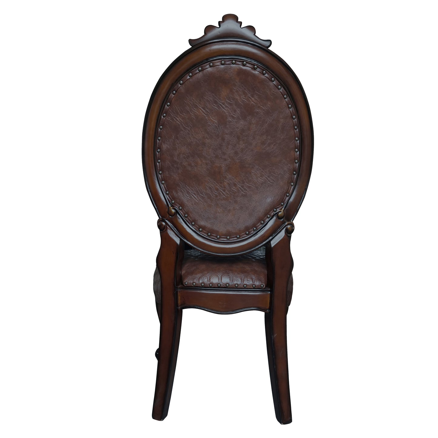 Classic mahogany dining chair with dark brown leather upholstery and ornate carved details