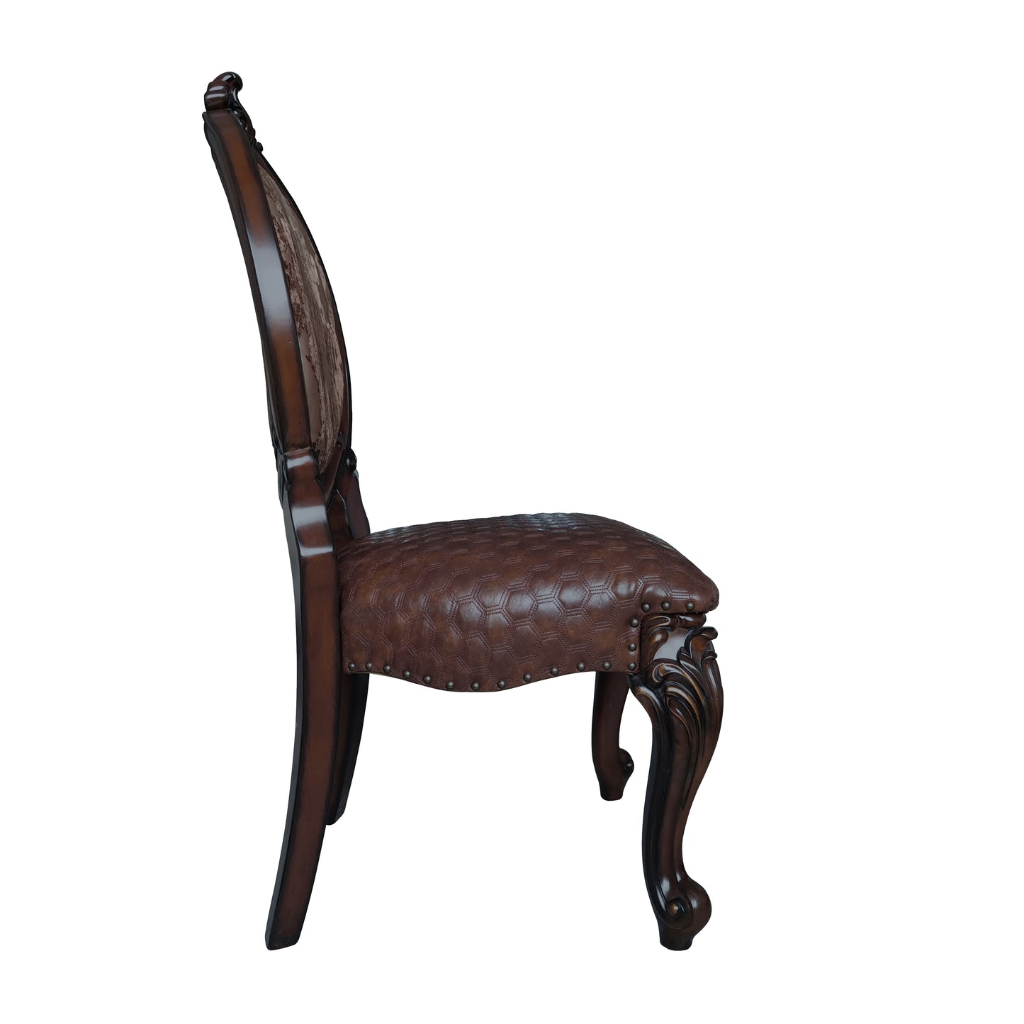 Classic dining chair with rich brown diamondstitched leather seat and ornate dark wood legs