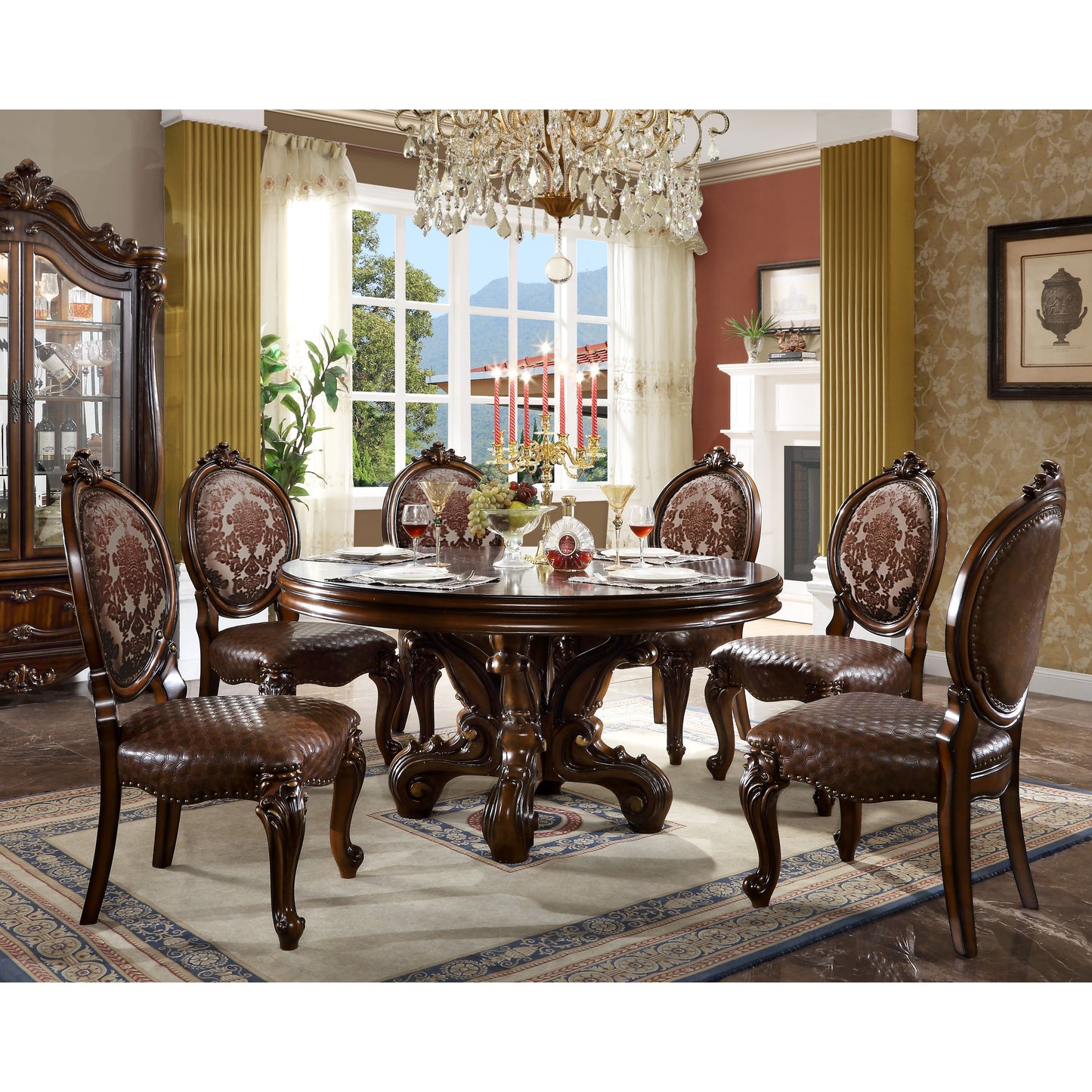 Luxury dark wood dining table with ornate carved pedestal base and  upholstered chairs