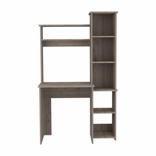 Gray wood grain computer desk with hutch and side shelving unit