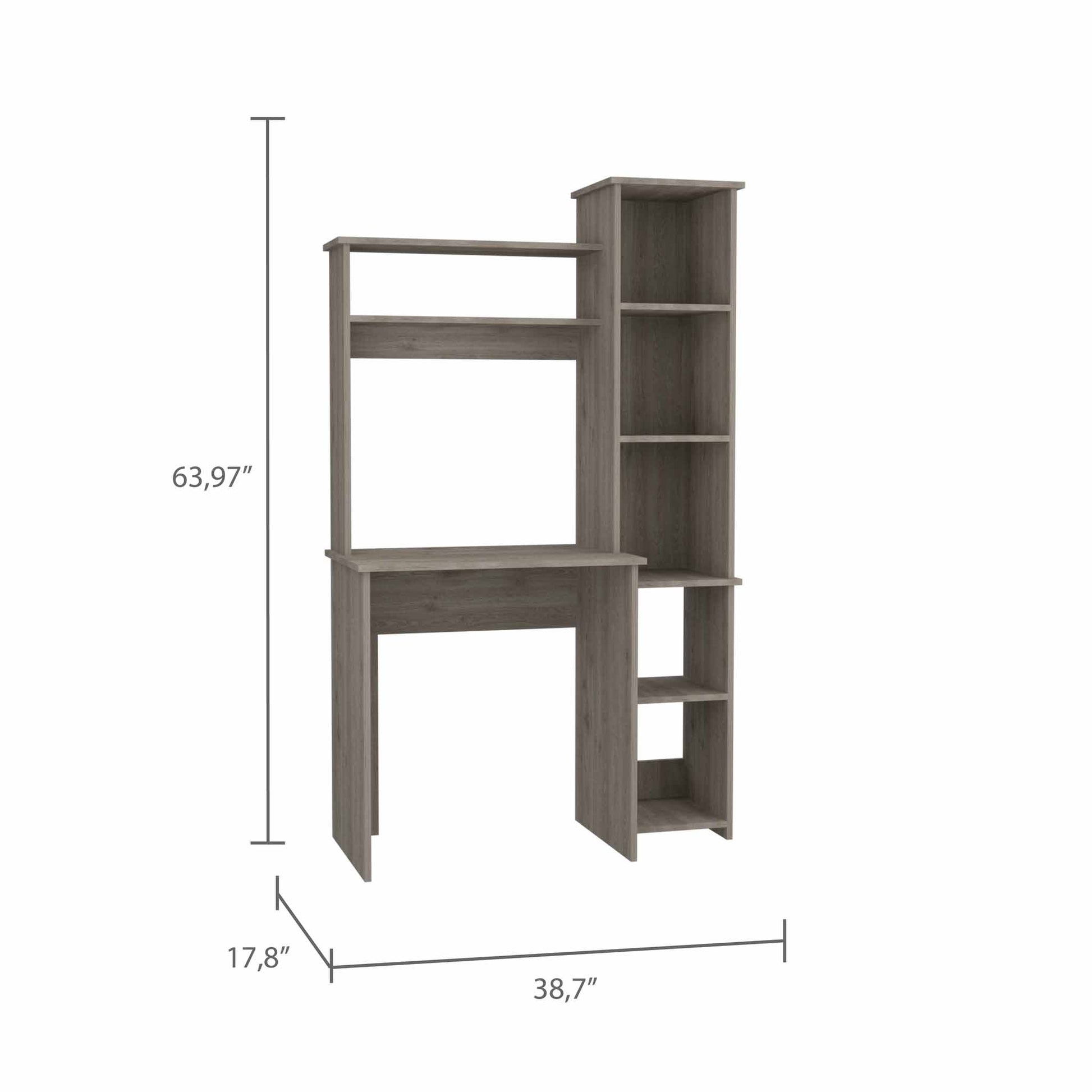 Gray wood computer desk with hutch and shelves for home office use