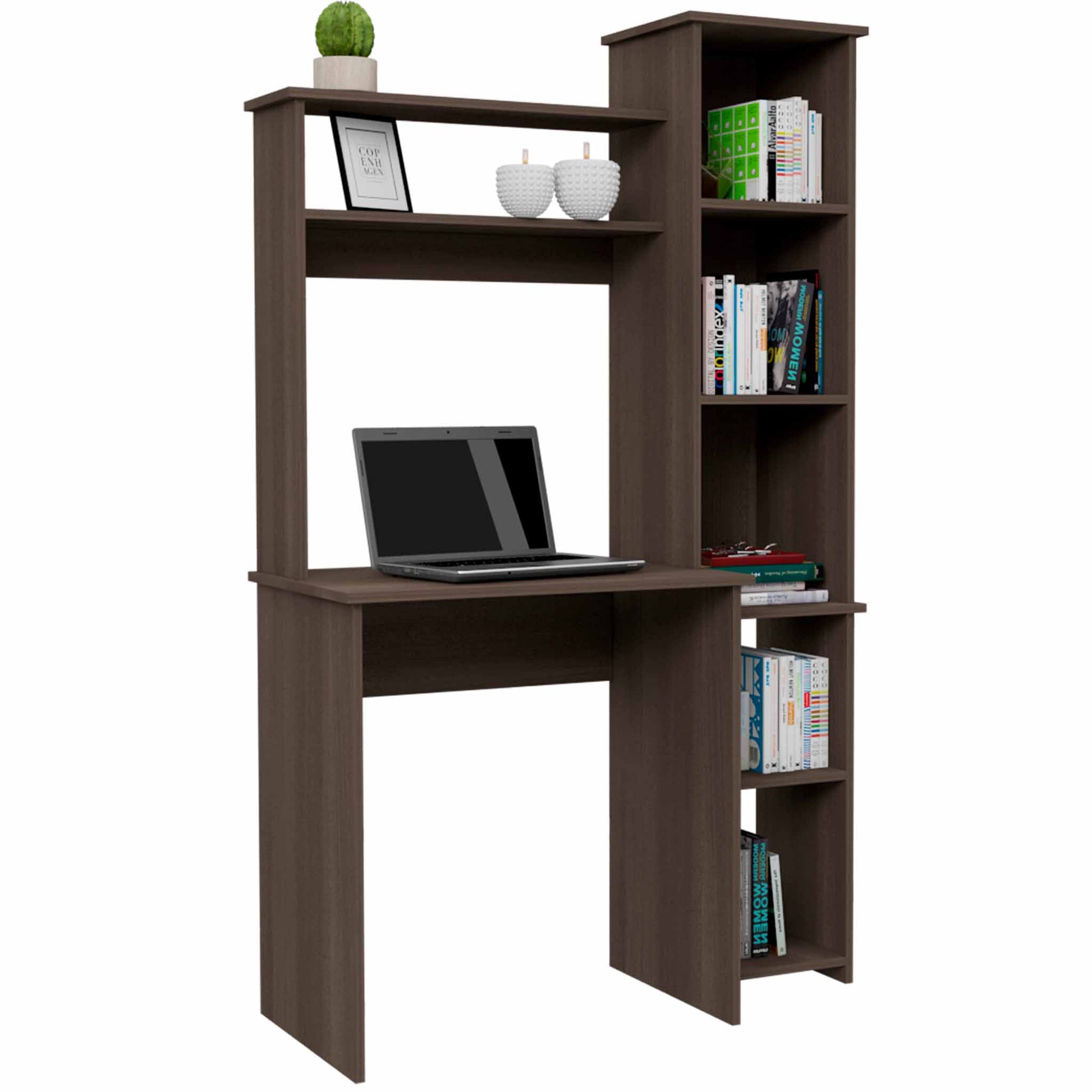 Compact dark wood computer desk with integrated bookshelf and open storage