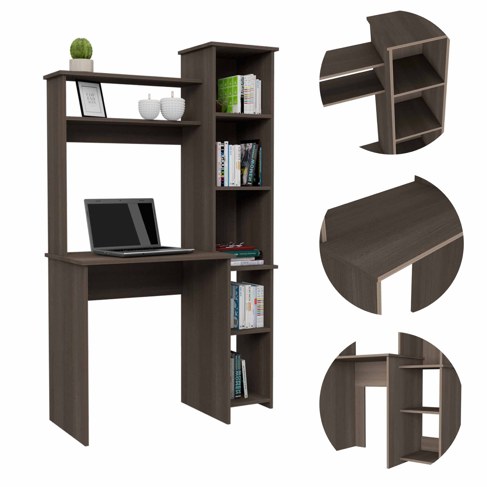 Dark brown computer desk with builtin bookshelf laptop and decor