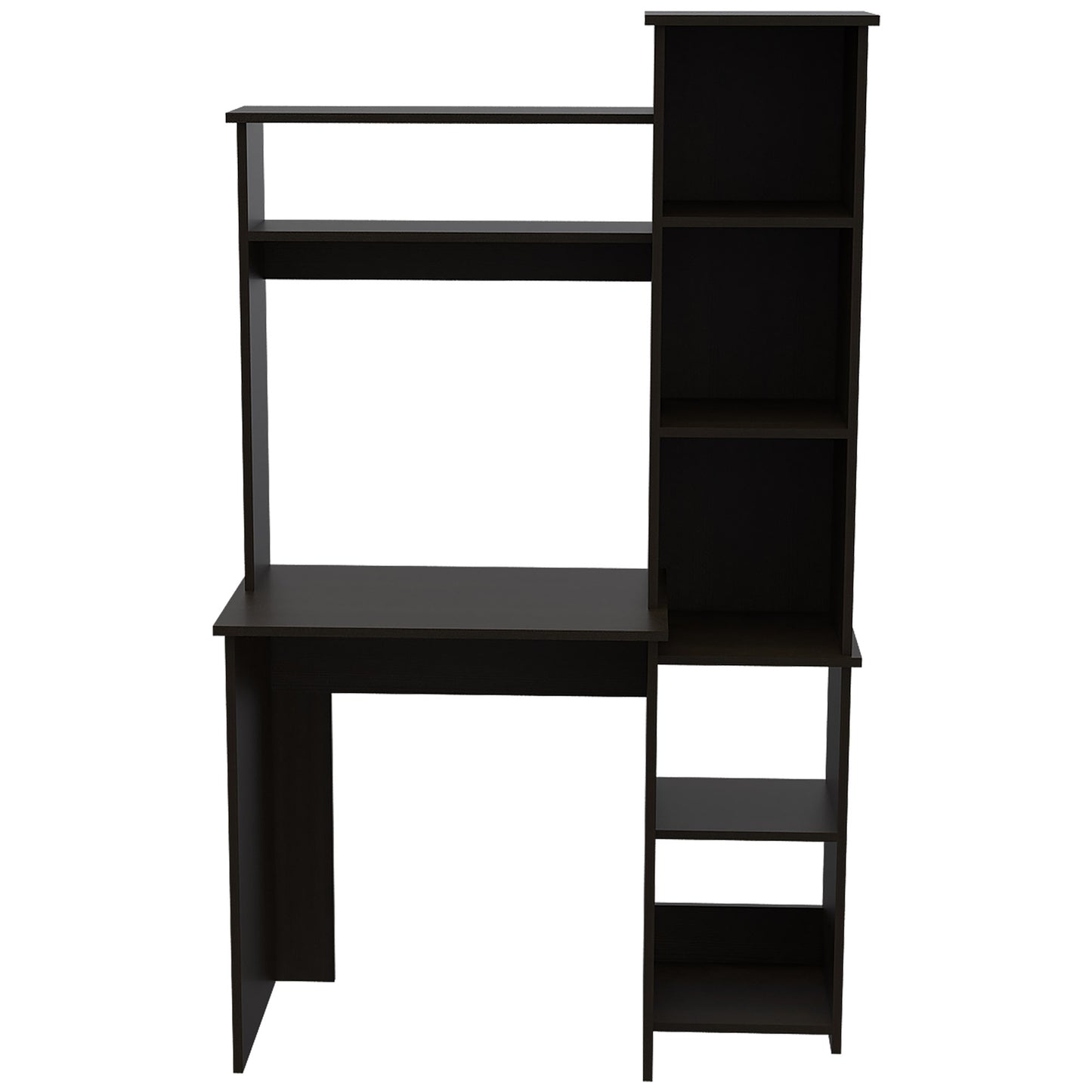 Dark brown computer desk with integrated shelving for a modern home office