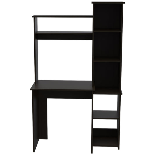 Dark brown computer desk with integrated shelving for a modern home office