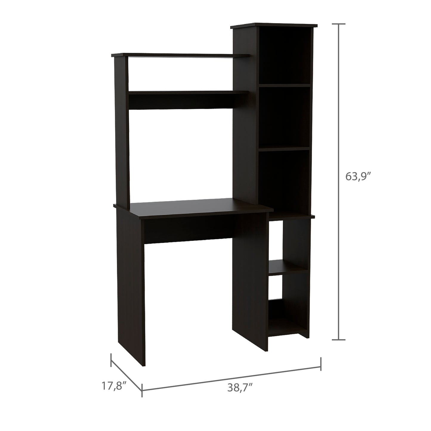 Compact dark brown computer desk with multitier shelving for home office use