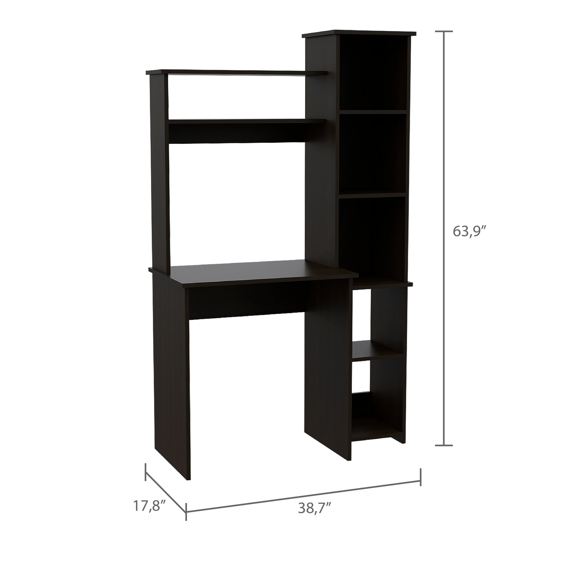 Compact dark brown computer desk with multitier shelving for home office use