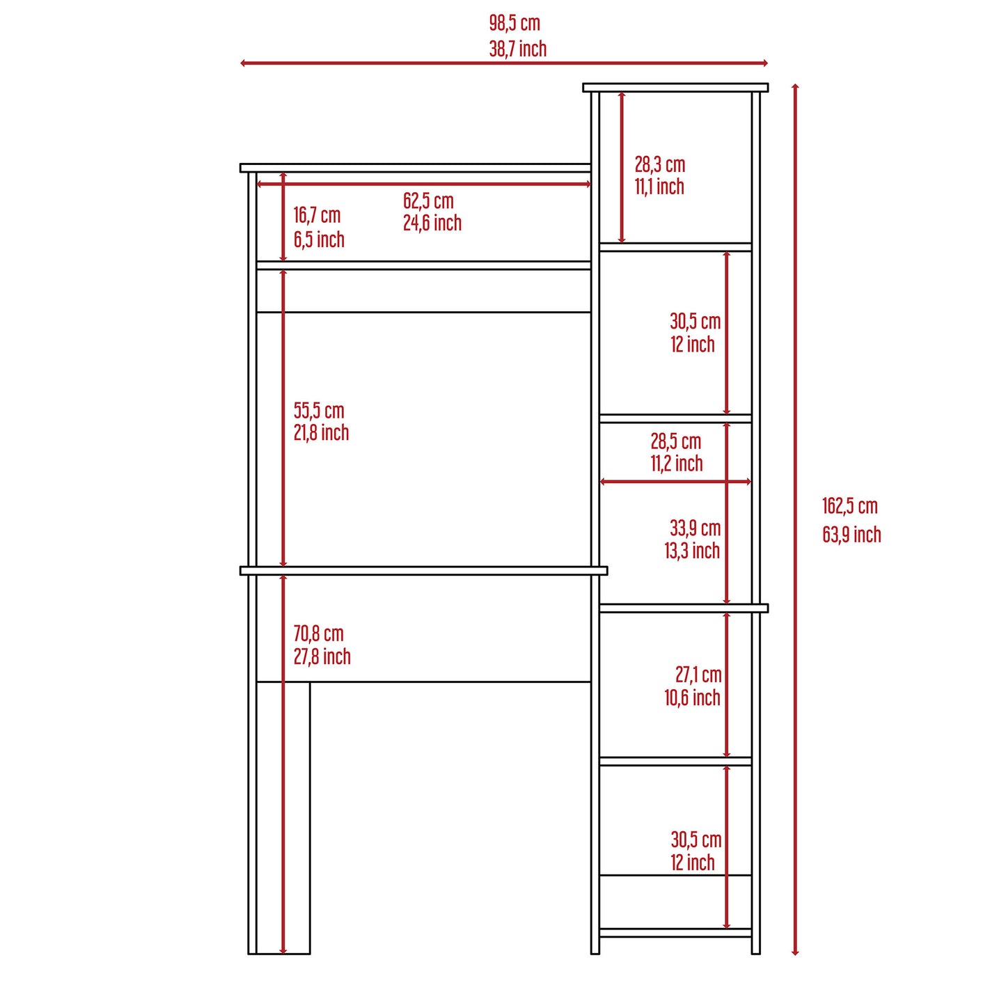 Dimensions for a modern desk with shelving unit Total width  cm