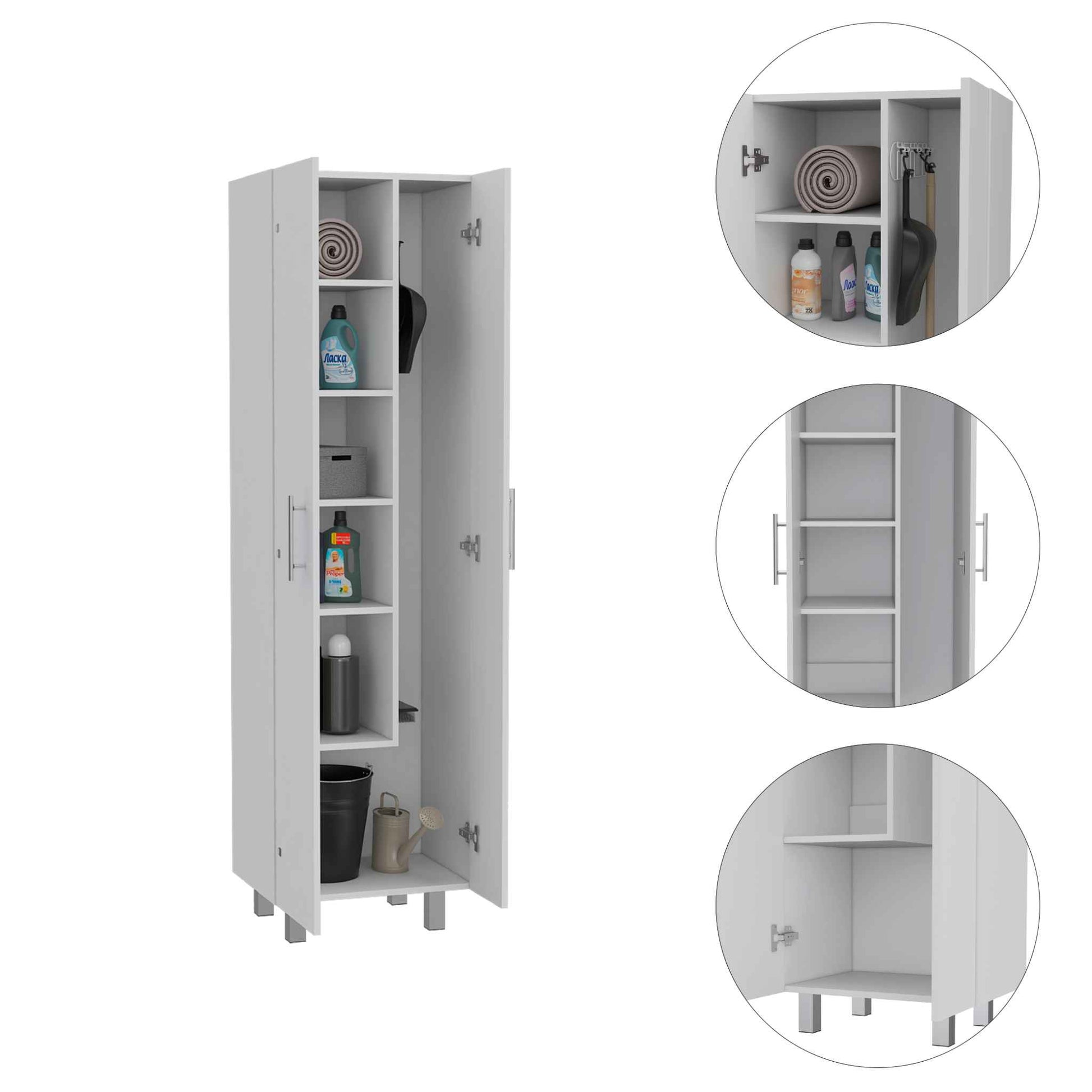 Tall white storage cabinet with open doors and shelves holding cleaning supplies