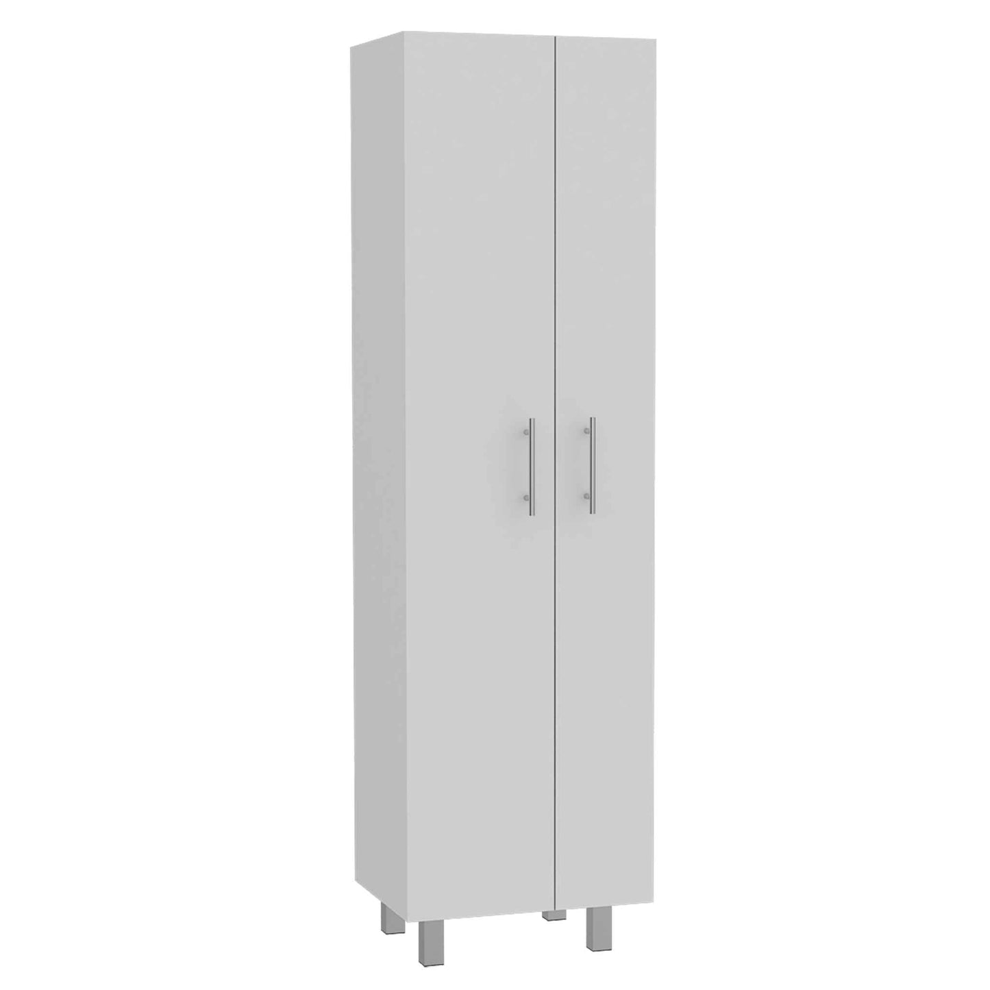 Tall slim white storage cabinet with two doors and silver handles