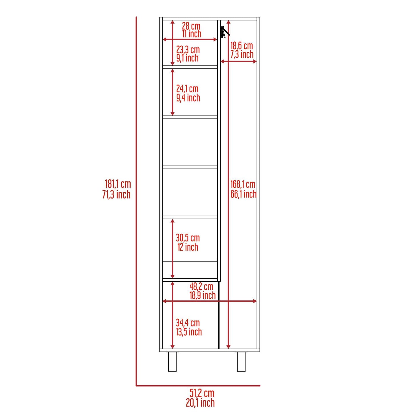 Tall shelving unit with multiple compartments and dimensions labeled