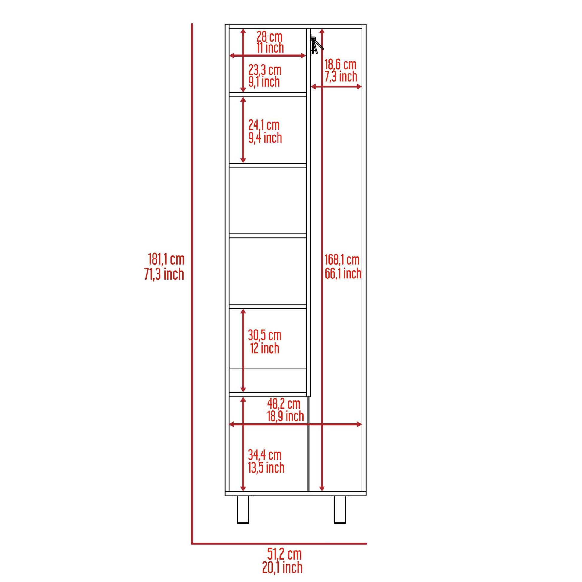 Tall shelving unit with multiple compartments and dimensions labeled