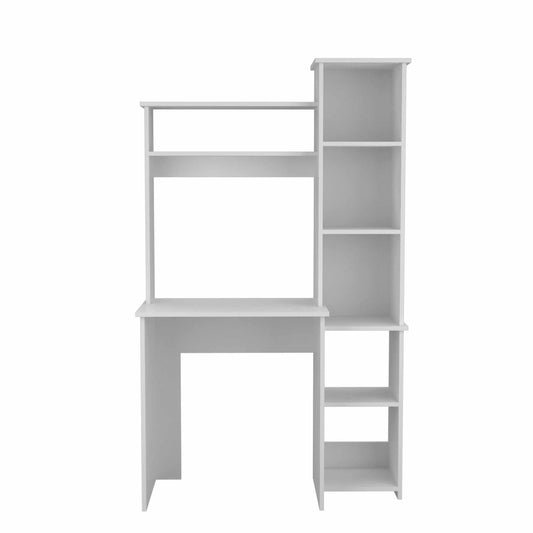 Modern white desk with hutch and shelving for home office