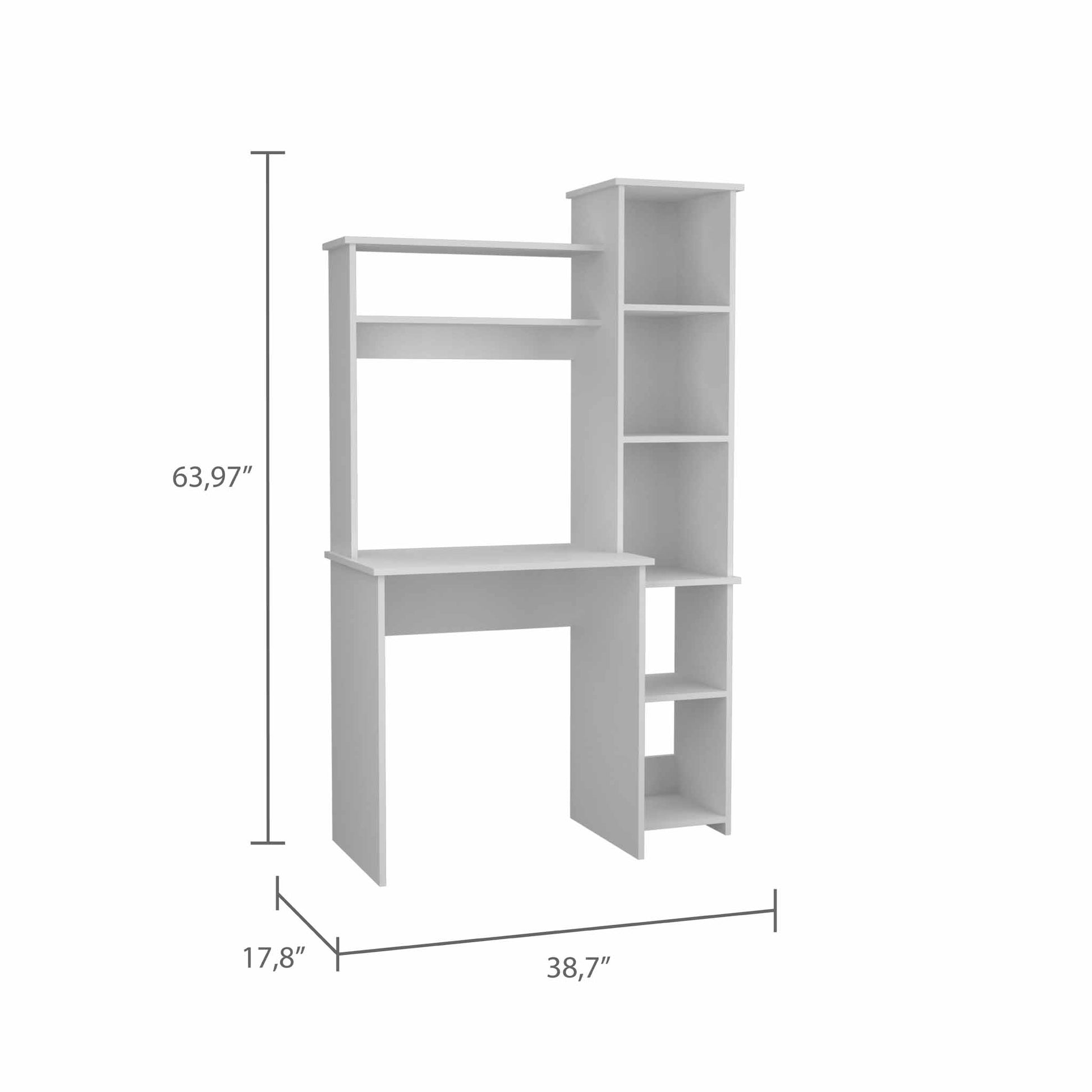 White modern computer desk with integrated shelves and storage tower  W