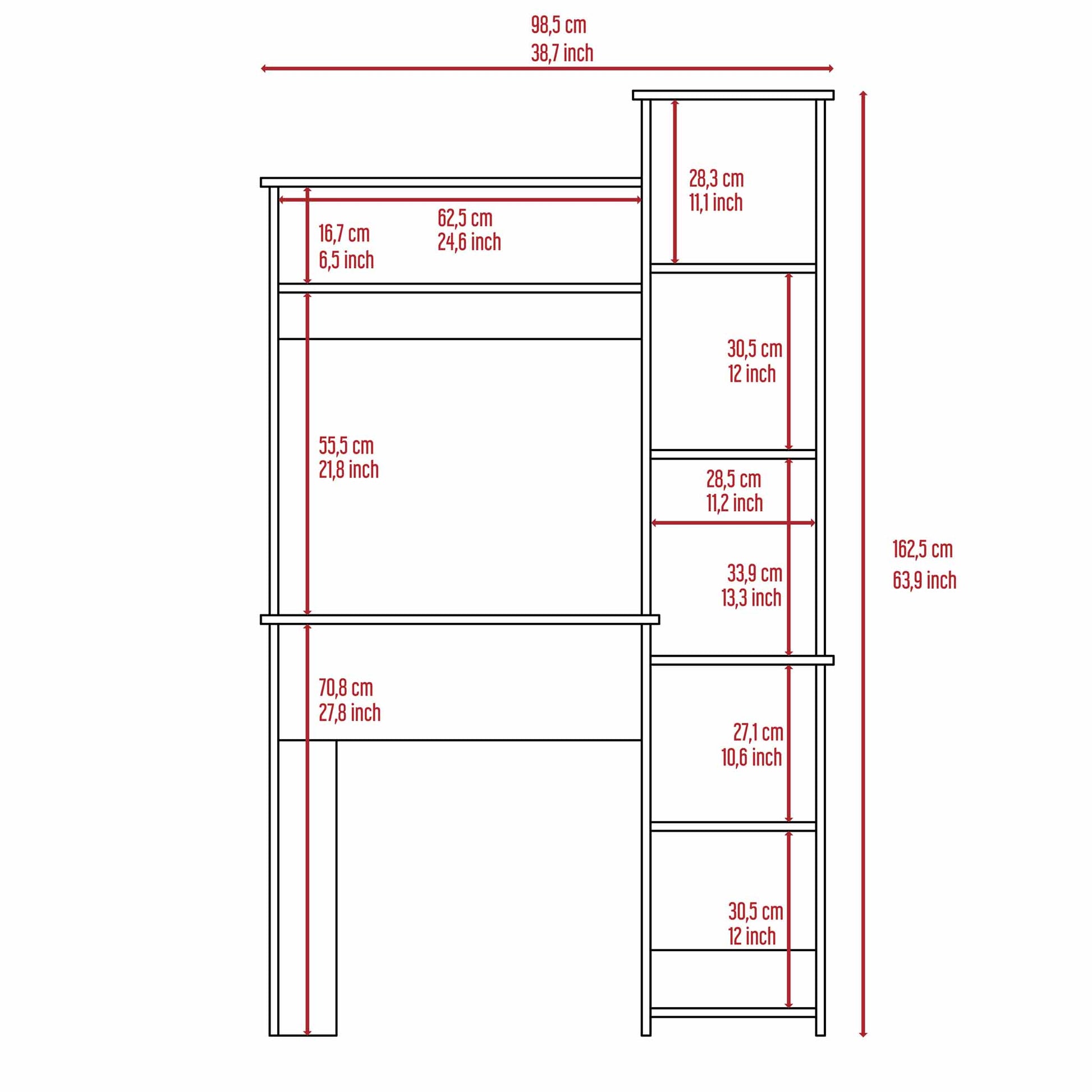 Diagram of a white bookshelf desk with dimensions in cm and inches