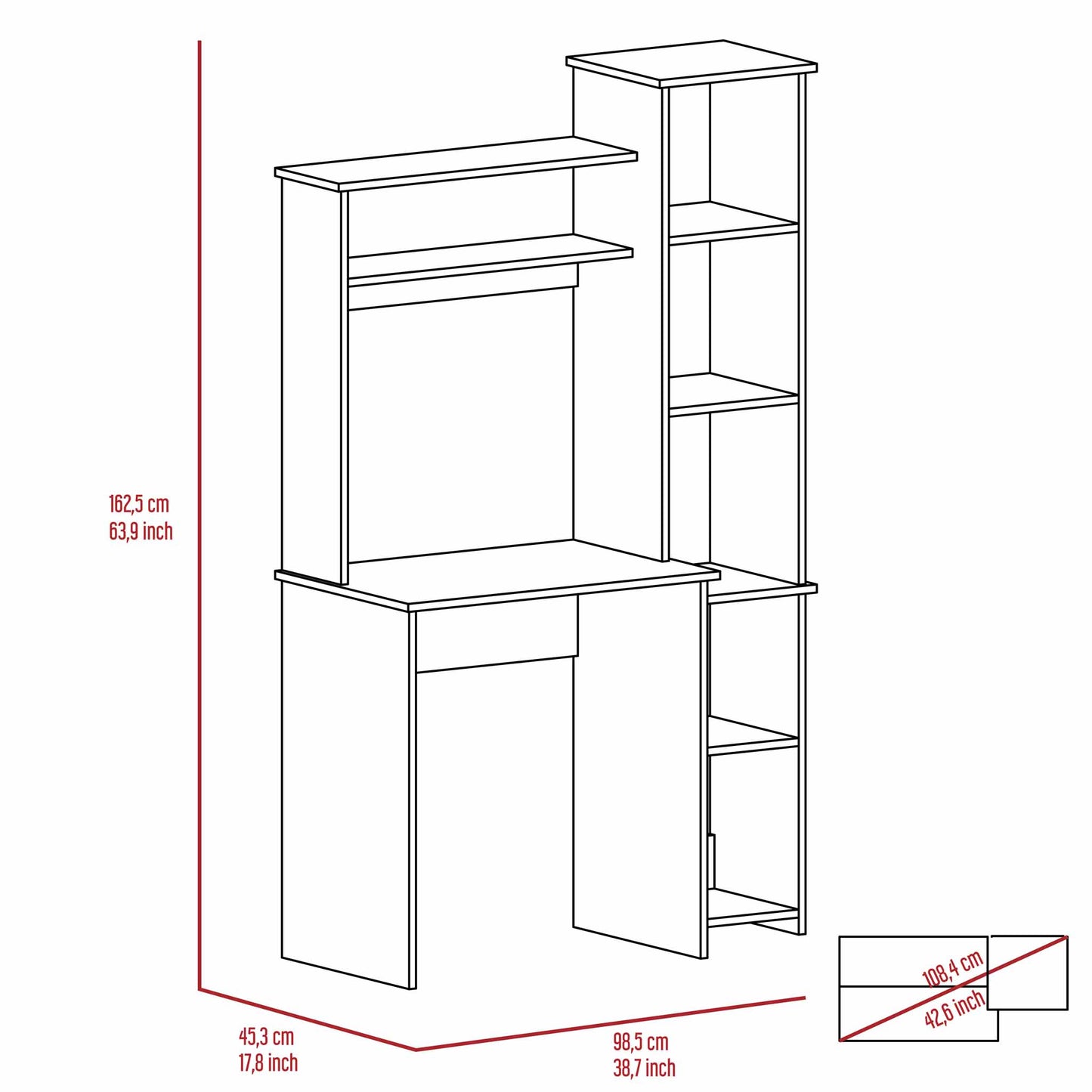 White modern computer desk with upper shelving unit and side bookcase