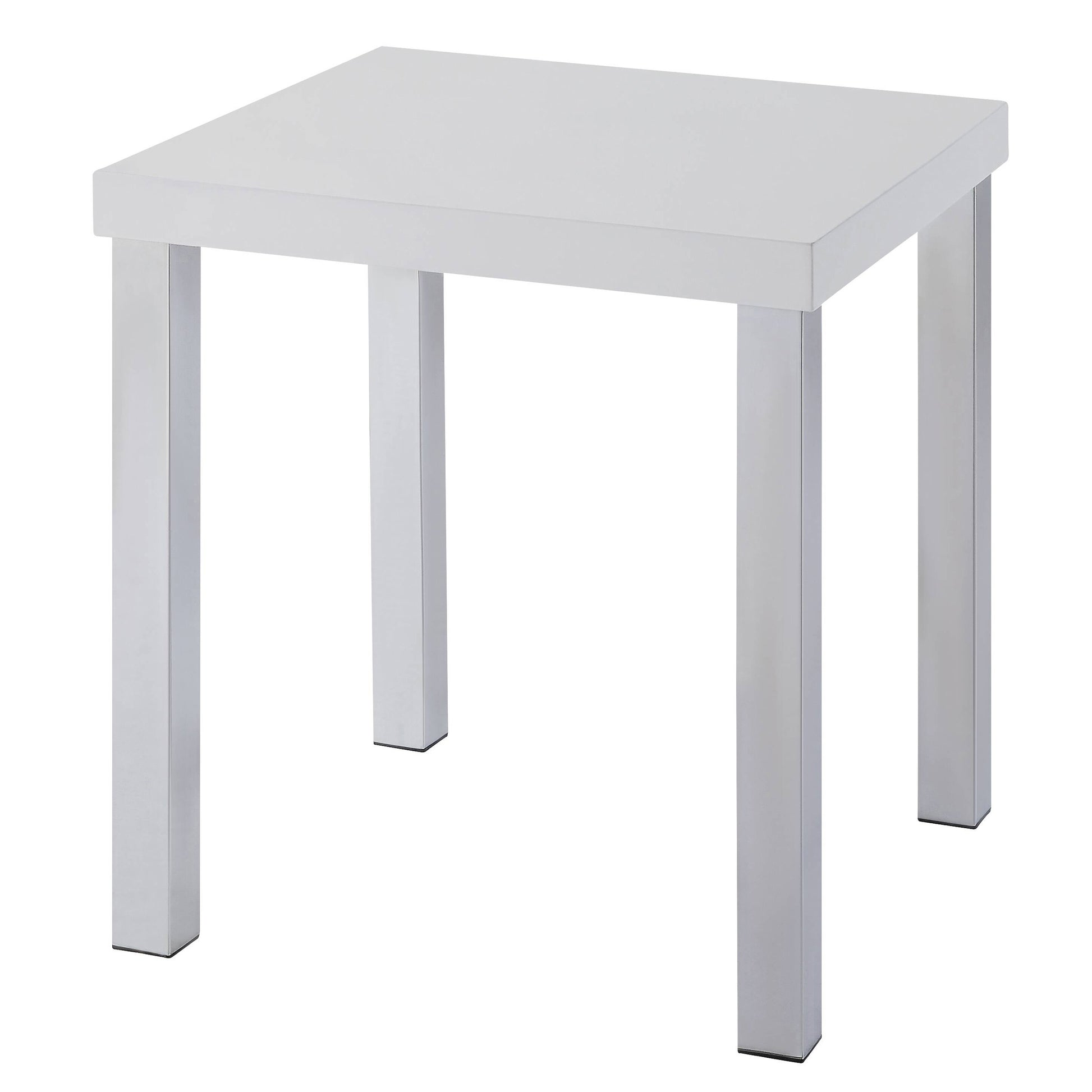 Modern white side table with sleek chrome legs perfect for contemporary living spaces