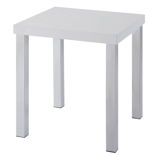 Modern white side table with sleek chrome legs perfect for contemporary living spaces