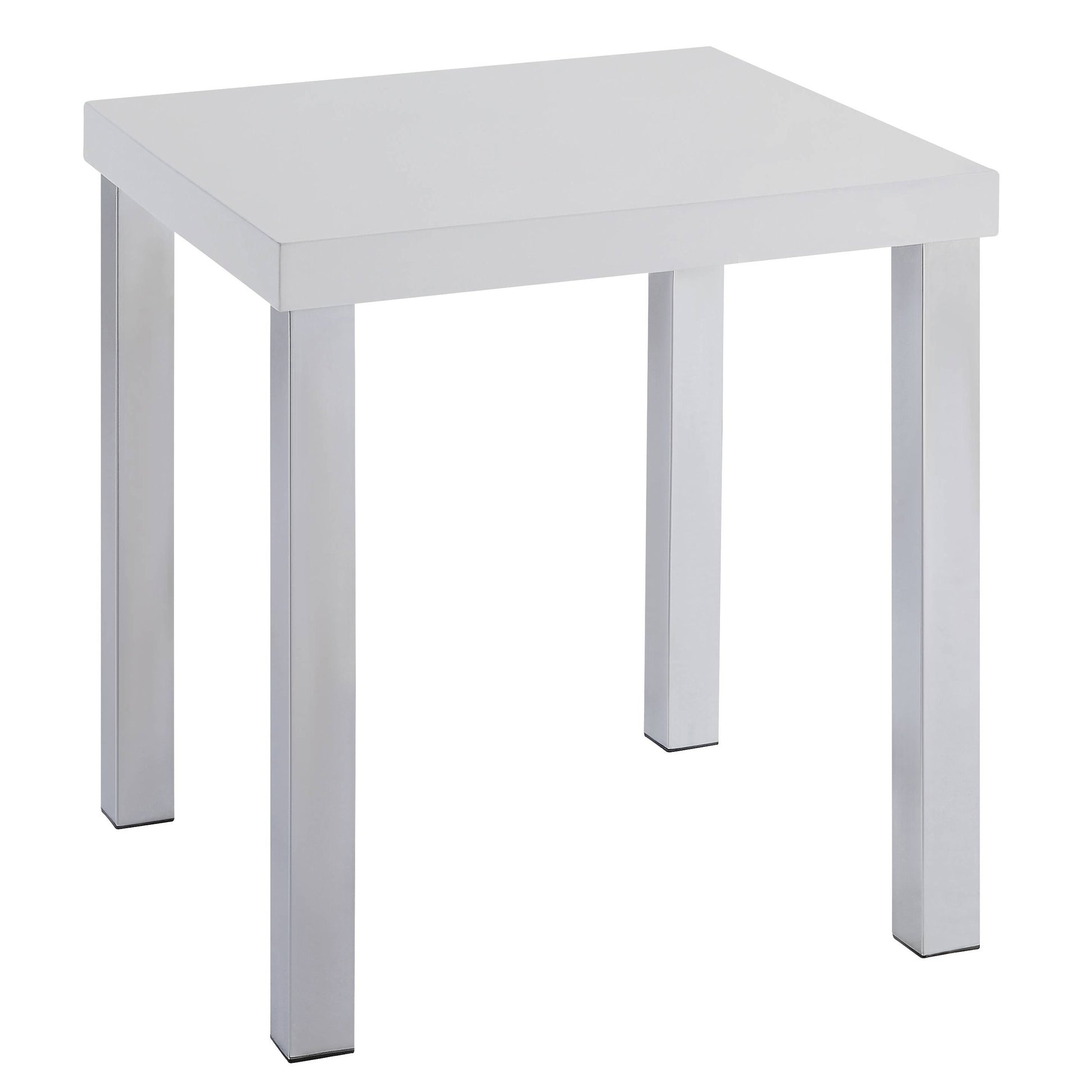 Modern white side table with sleek chrome legs perfect for living rooms
