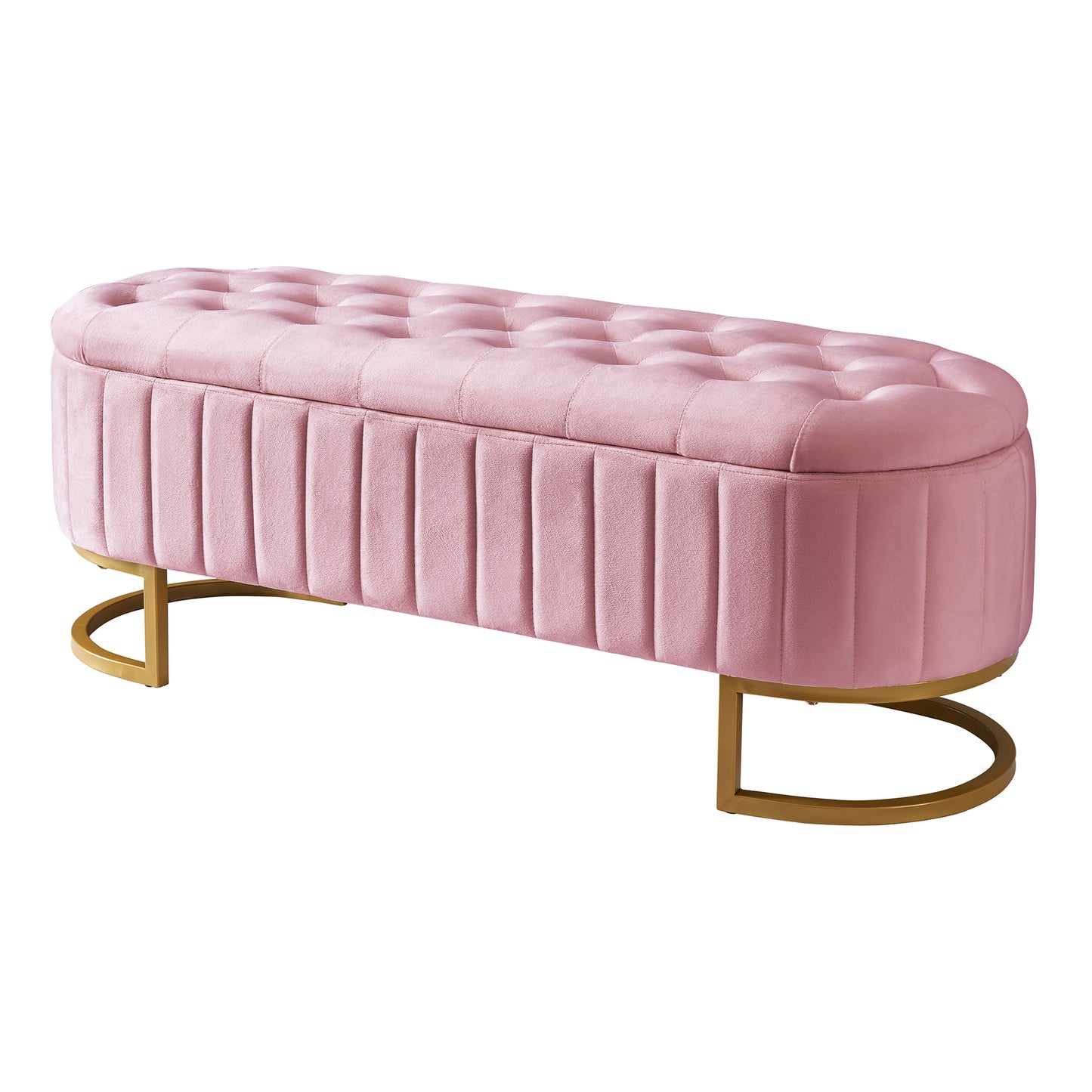 Pink velvet storage ottoman with tufted top and gold metal legs