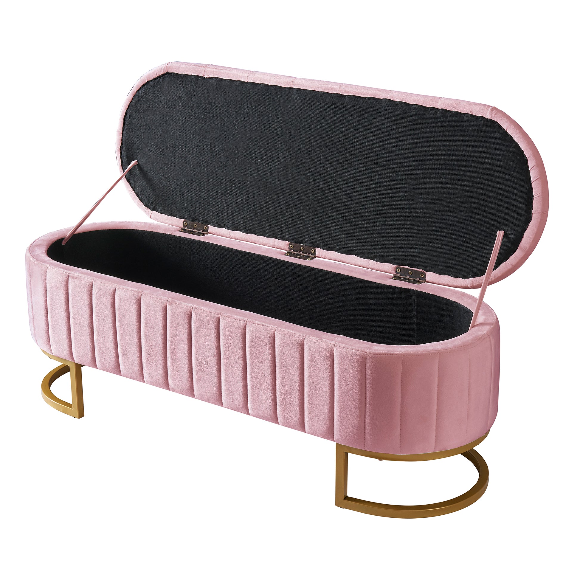 Pink velvet storage ottoman with gold base and fluted design