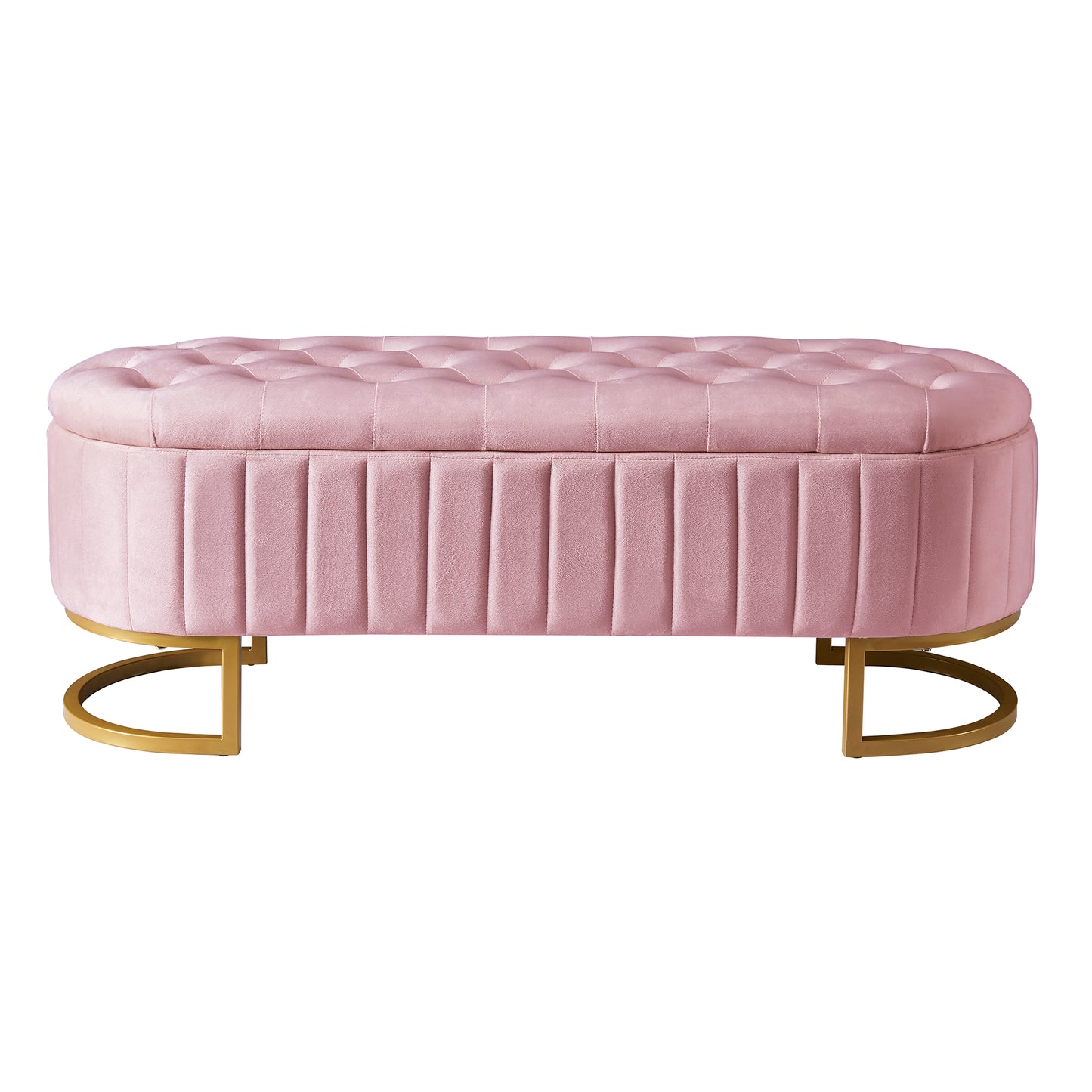 Pink velvet storage ottoman with gold legs